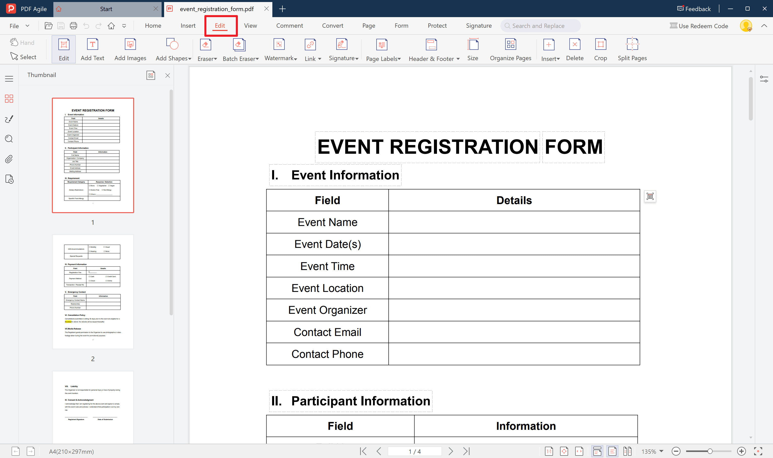 Enter event information 