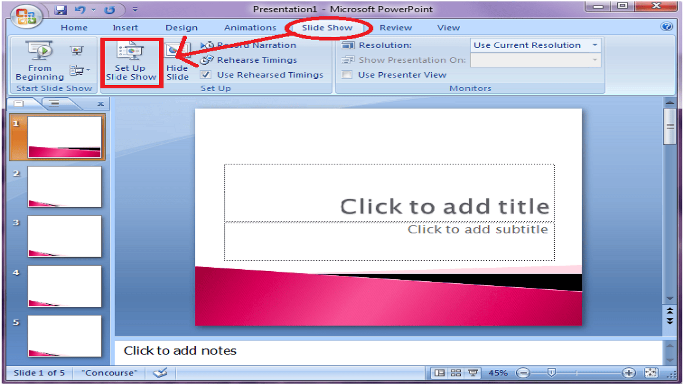 2-2.Click on the Slide Show tab and then choose Set Up Slide Show bar