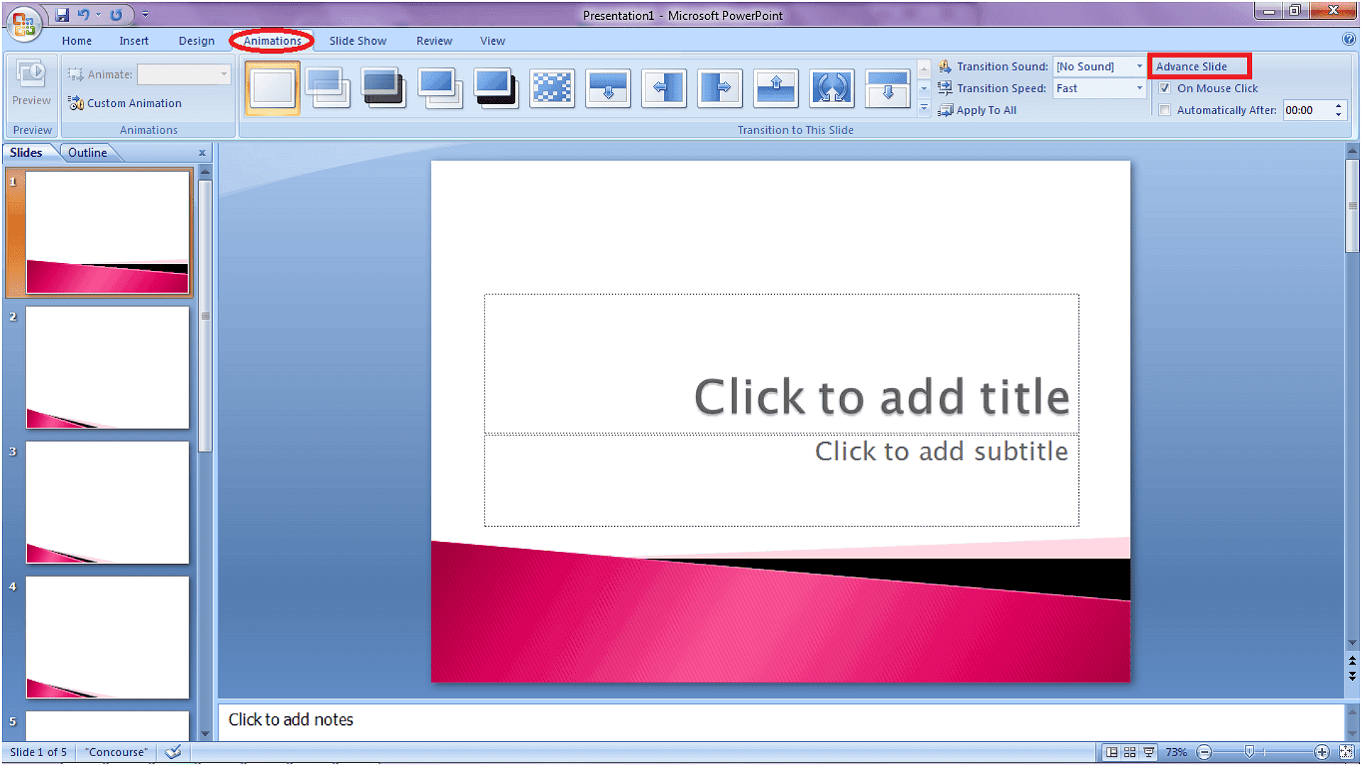 2-5.Navigate to the Animations tab and locate the Advance Slide settings