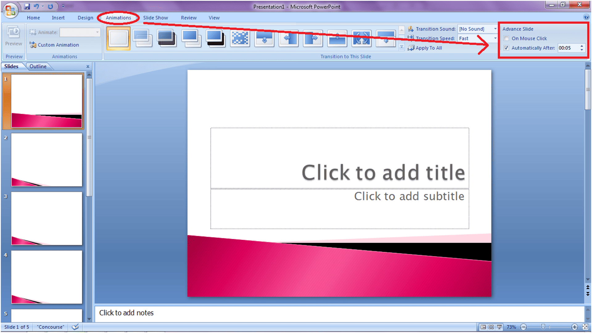 2-6.Disable On Mouse Click, enable Automatically After, and set your preferred slide duration