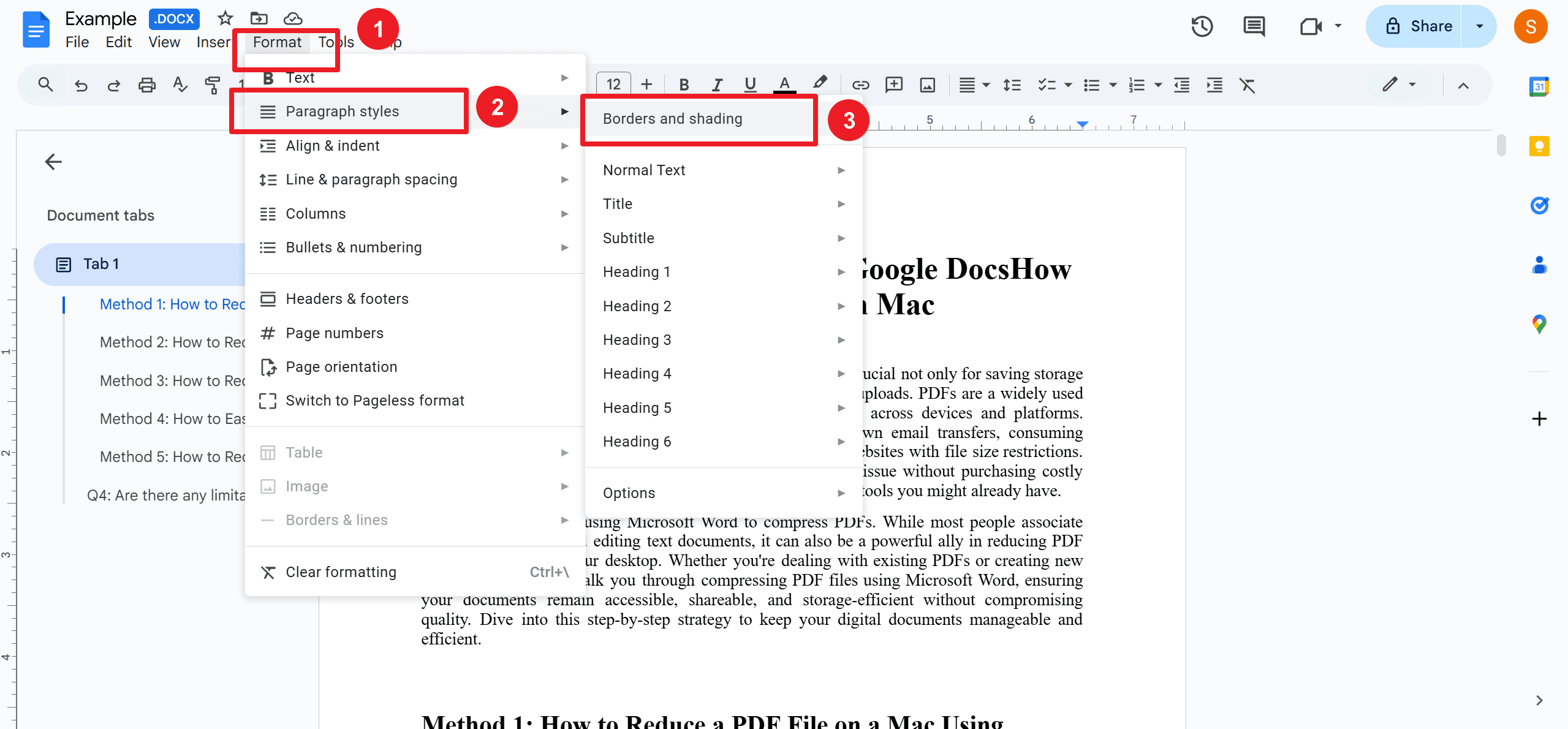 2. Access the 'Borders and Shading' tool via 'Format' > 'Paragraph Styles'.