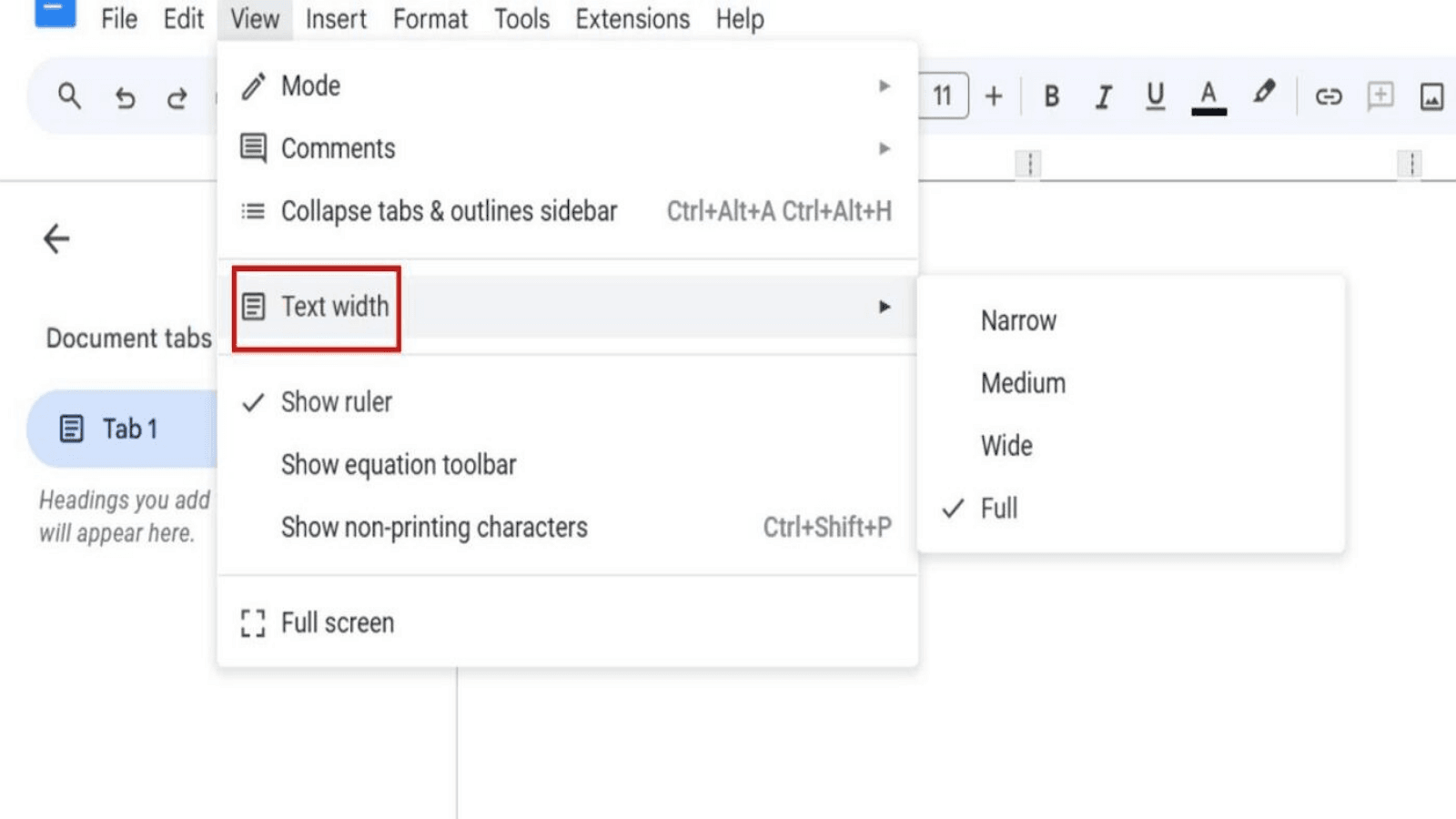 2. Adjust the text width by going to View > Text Width and choose between Narrow, Medium, Wide, and Full.