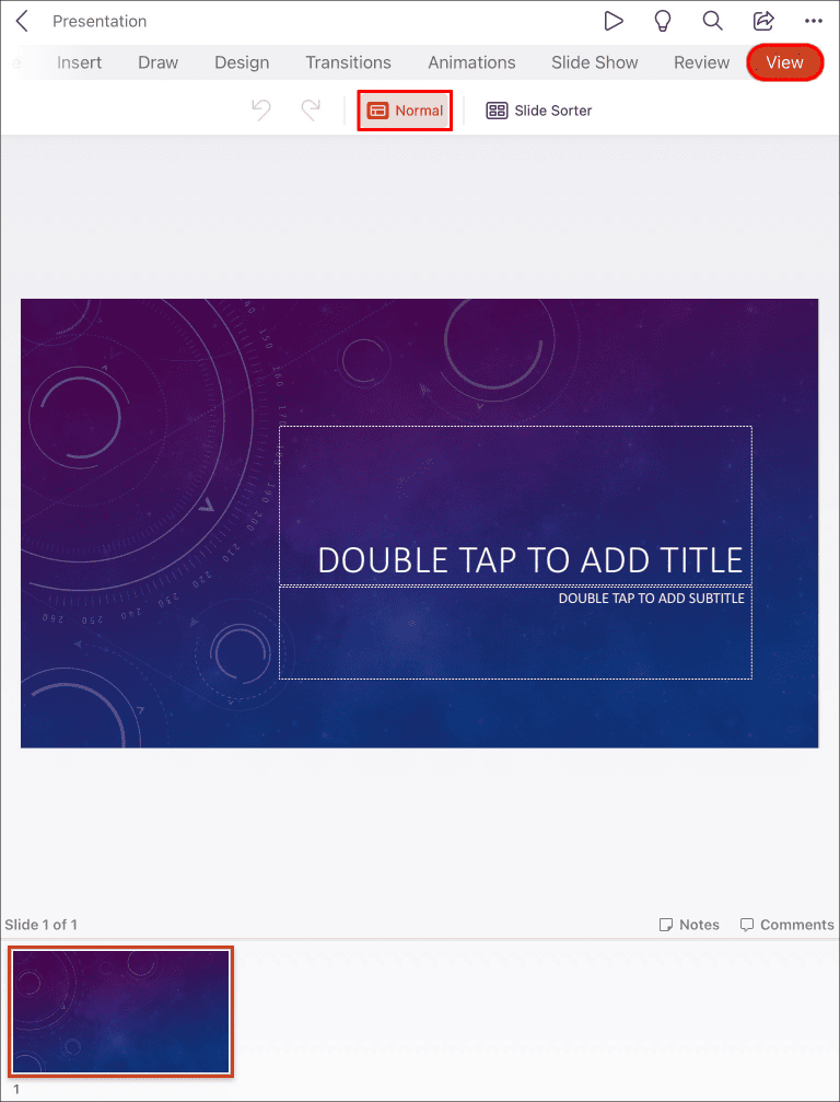 2.Now, switch to Normal view by tapping View and selecting it. It will display slide thumbnails at the bottom or your screen side..png