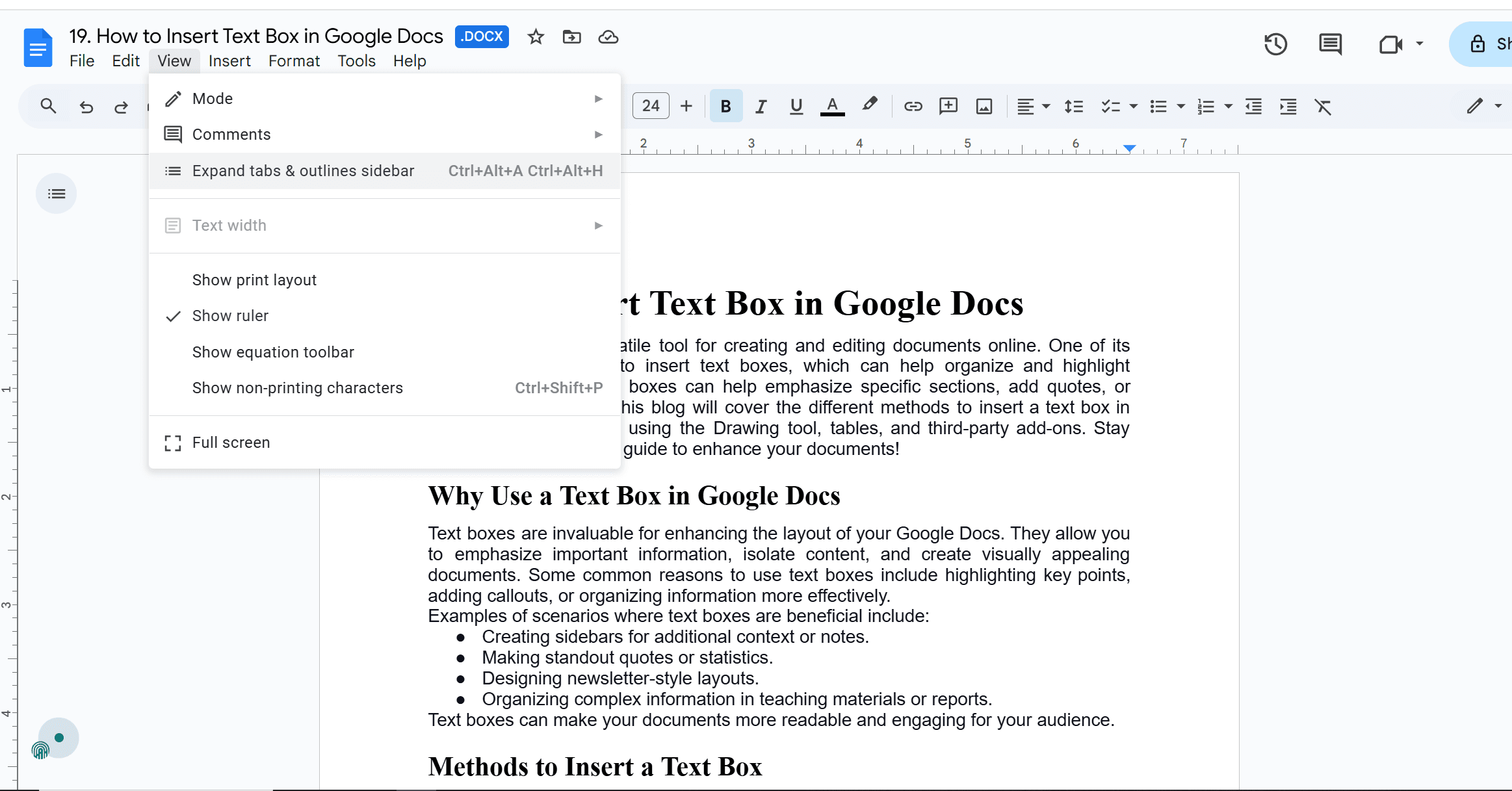 2. Select Show document outline from the dropdown menu to open the outline pane on the left side of your document