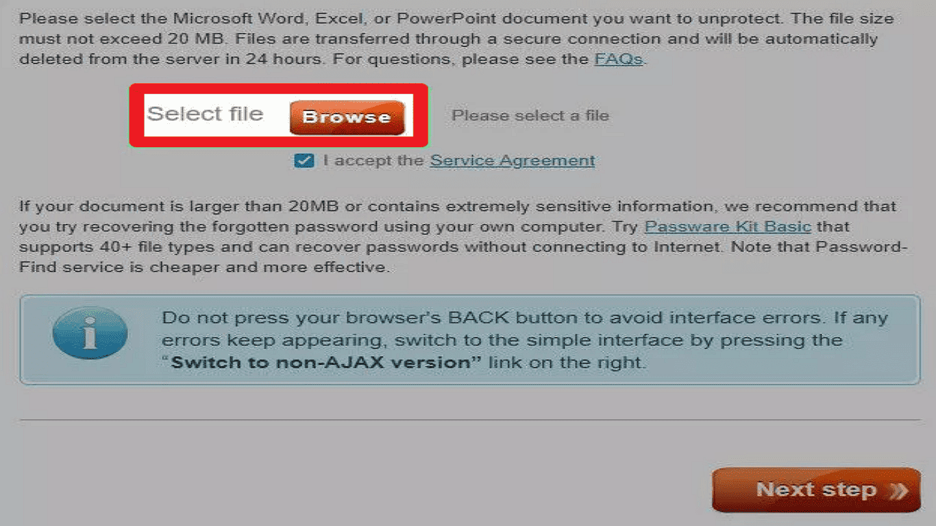 2.select Browse to locate and upload your password-protected Excel file