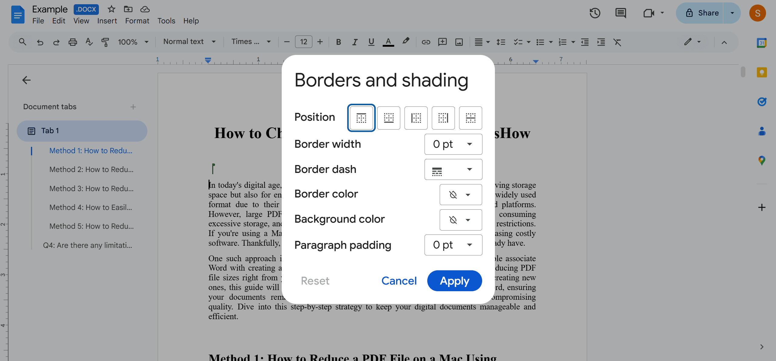 3. Choose border placement and customize appearance.