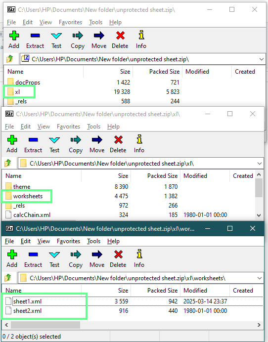 3.Now extract the ZIP archive and navigate the folders to find the worksheet's XML file containing the sheet Protection tag