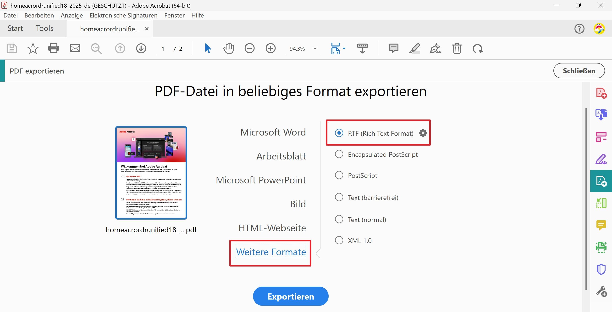 3. Wählen Sie Microsoft Excel und konvertieren Sie die Datei.