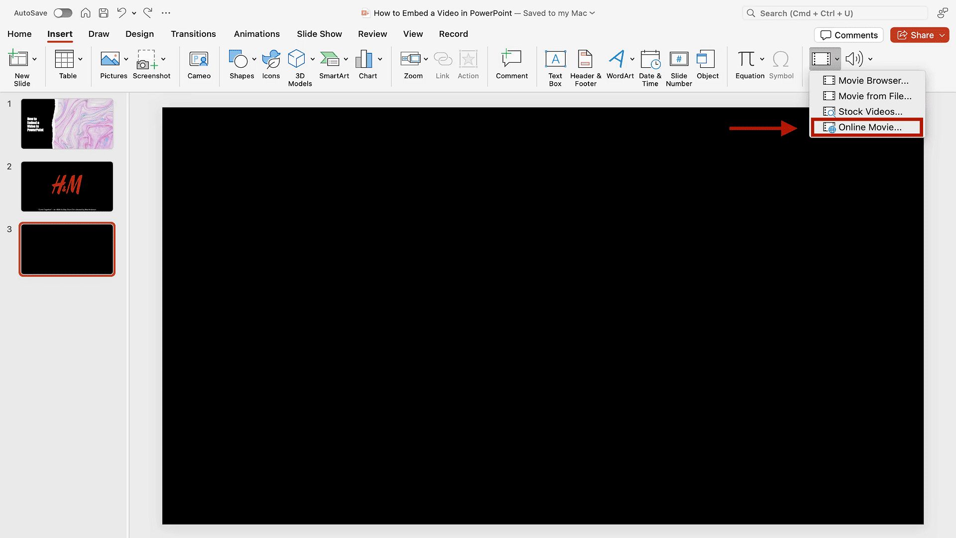 1.Choose Insert > Video.