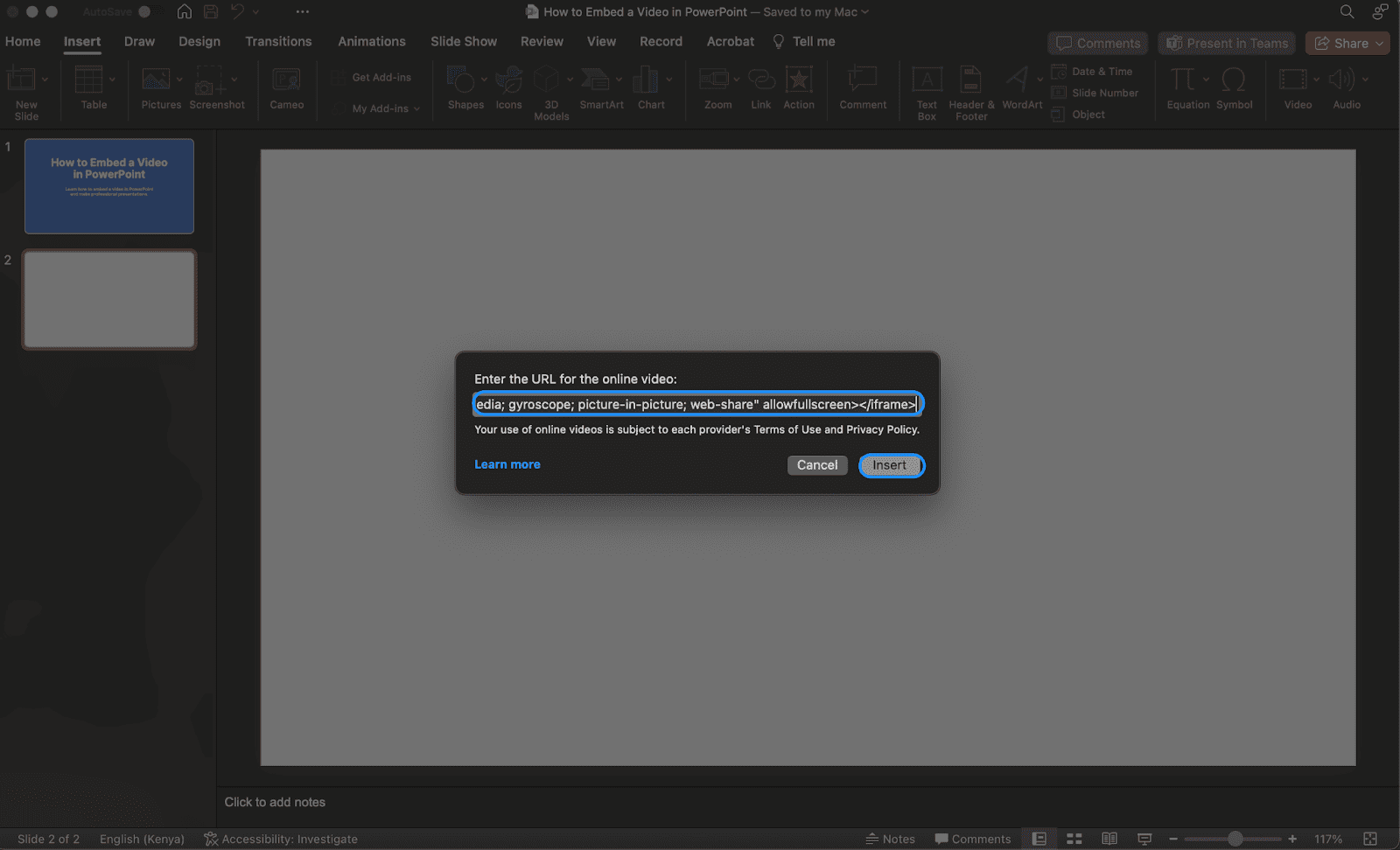 2. Paste what you copied into PowerPoint's URL box and click Insert.