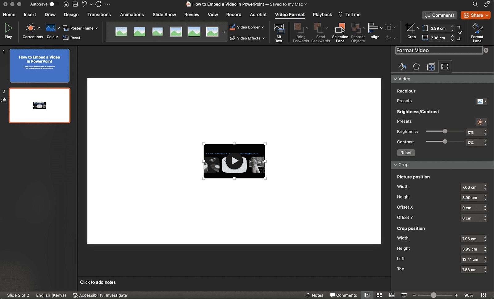 3. Resize the video frame as needed, then save your presentation.