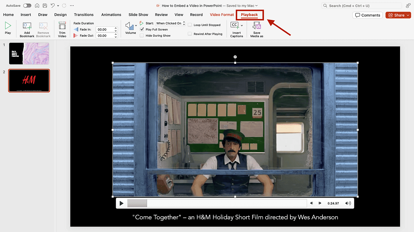 2. Click the Slide Show tab to view your video with applied formatting.