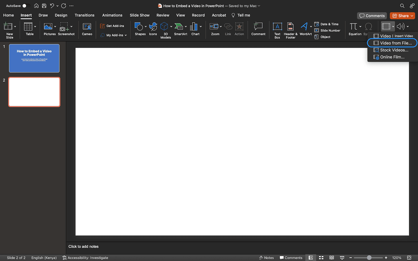 Step 2: Navigate to Insert > Video > Movie from File