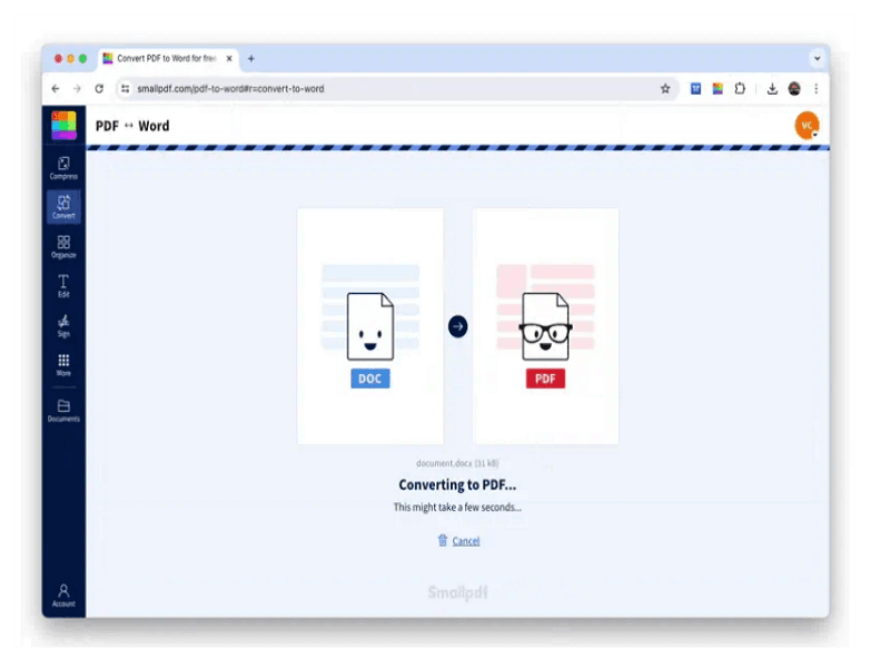 4. Conversion process: The document will automatically begin converting to PDF format.