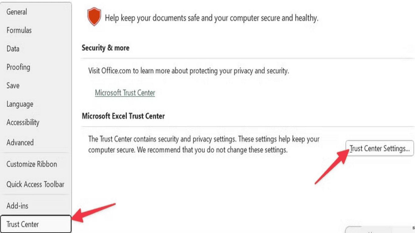 4.In the Excel Options window, click Trust Center, then open Trust Center Settings..png