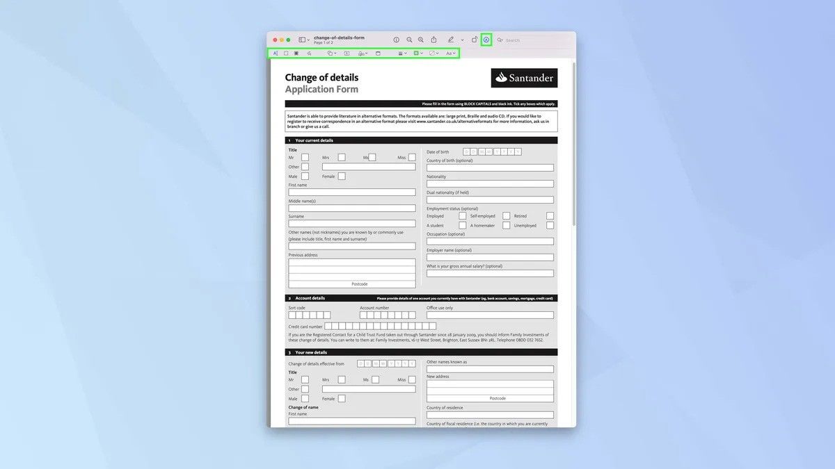 4.	Start Editing: Once your PDF is open in Preview, click the pencil icon to reveal a bar full of editing tools. 