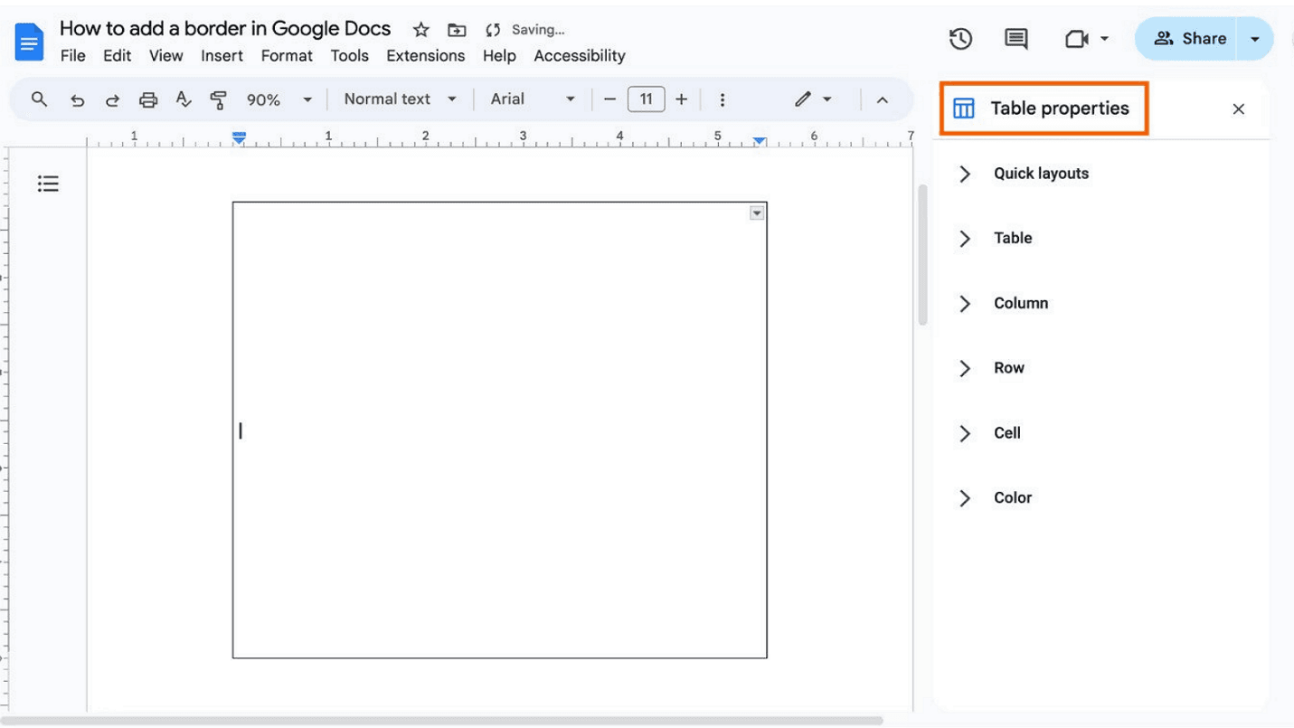 4. Para modificar el estilo del borde, navega a Formato > Tabla > Propiedades de la tabla.