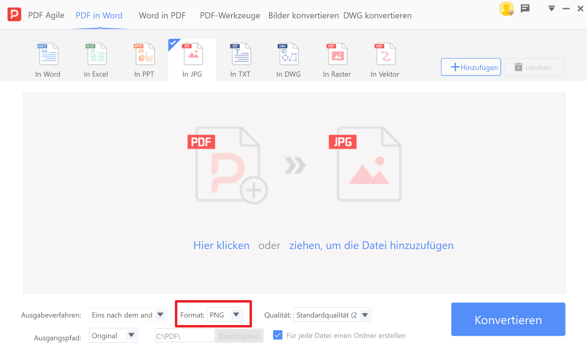 5. PNG als Ausgabeformat wählen.