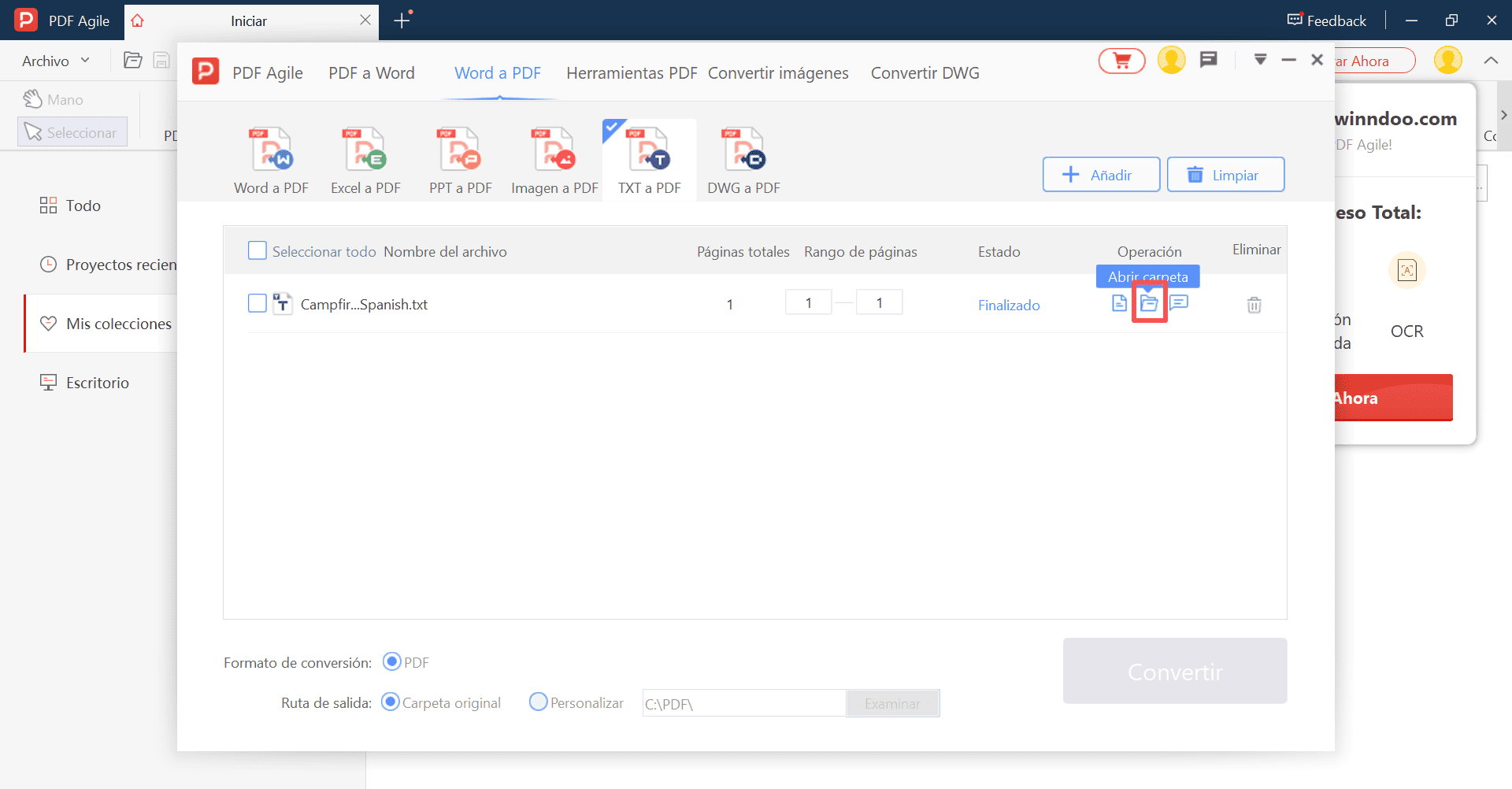 Abra el archivo convertido desde la carpeta