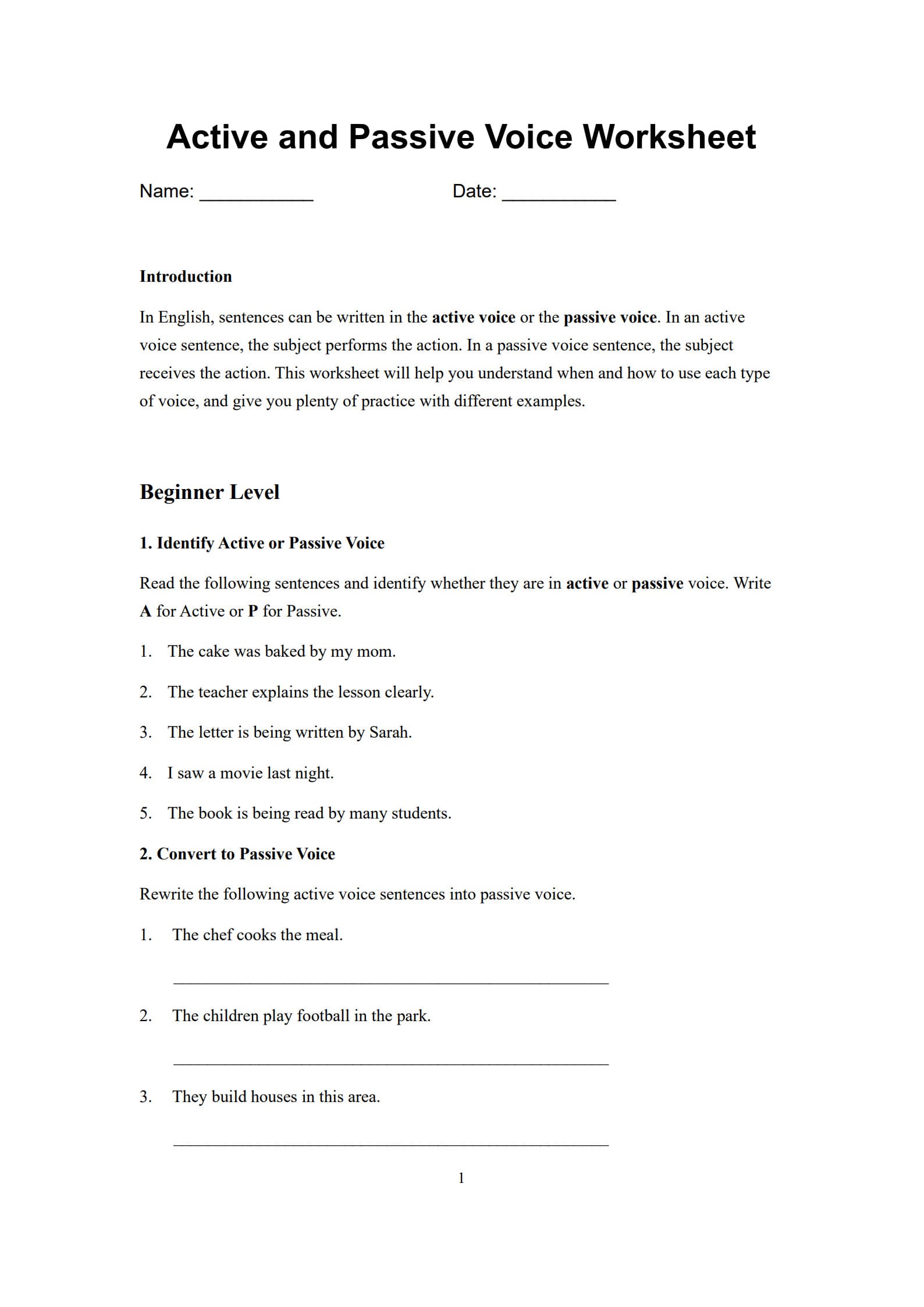 Active Passive Voice Worksheet 1