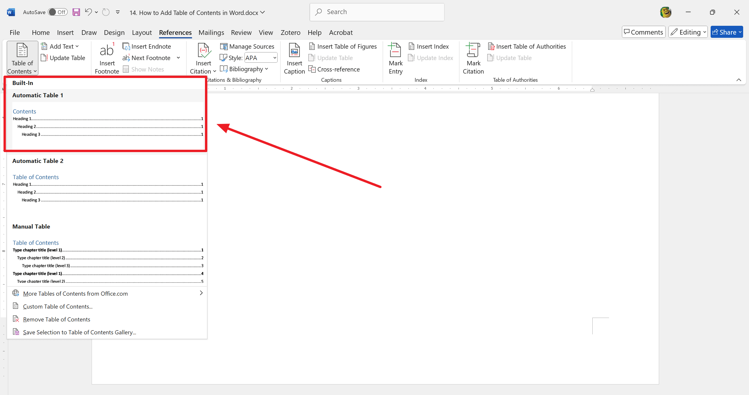 Adding TOC in Microsoft Word Desktop