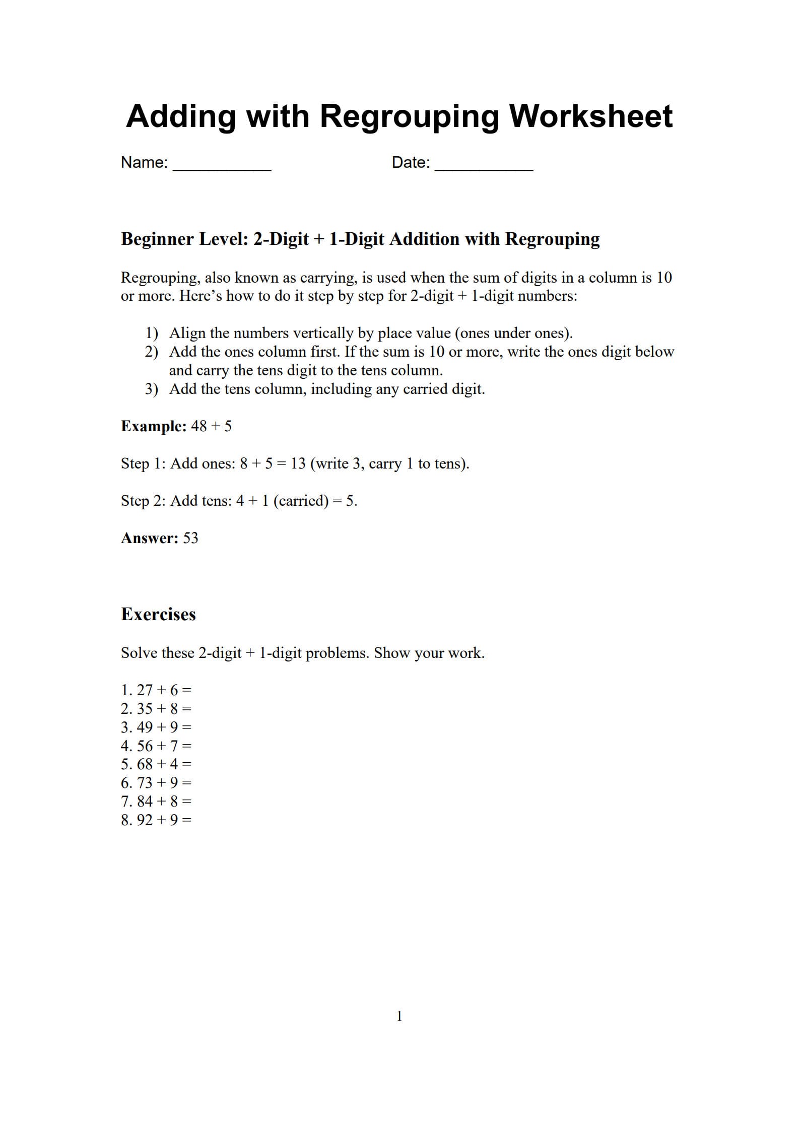 Adding with Regrouping Worksheet 1