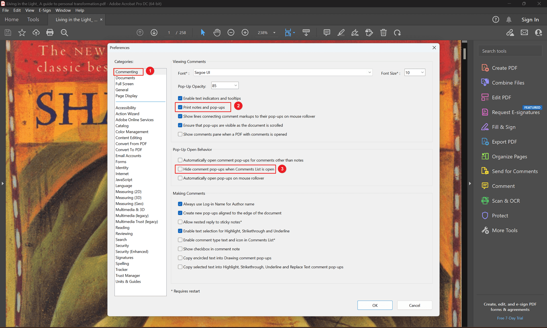 Under Viewing Comments, check the box next to "Print notes and pop-ups". Uncheck "Hide comment pop-ups when Comments List is open" if you want the comment pop-up boxes to appear on the printout.