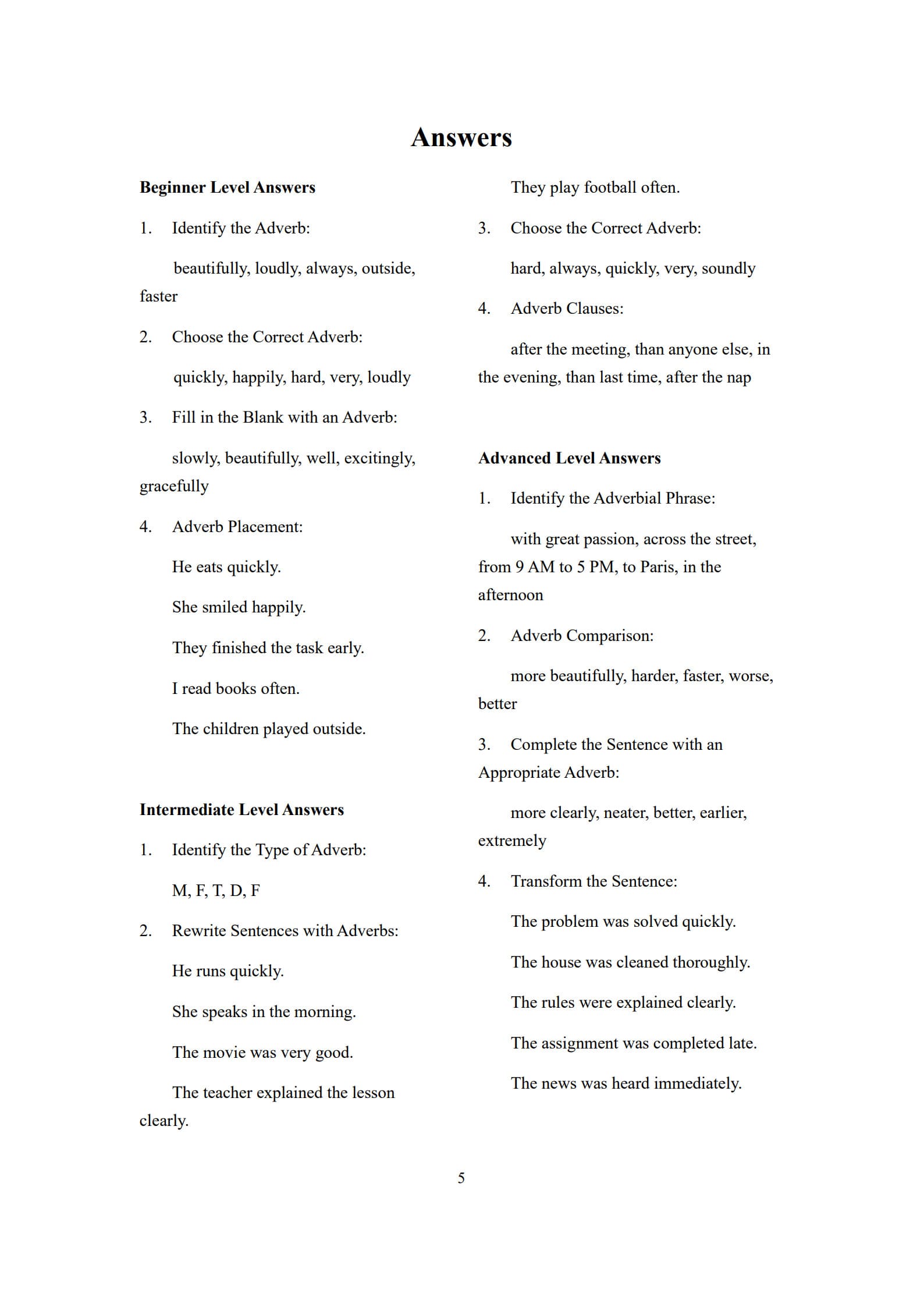 Adverb Worksheet 5