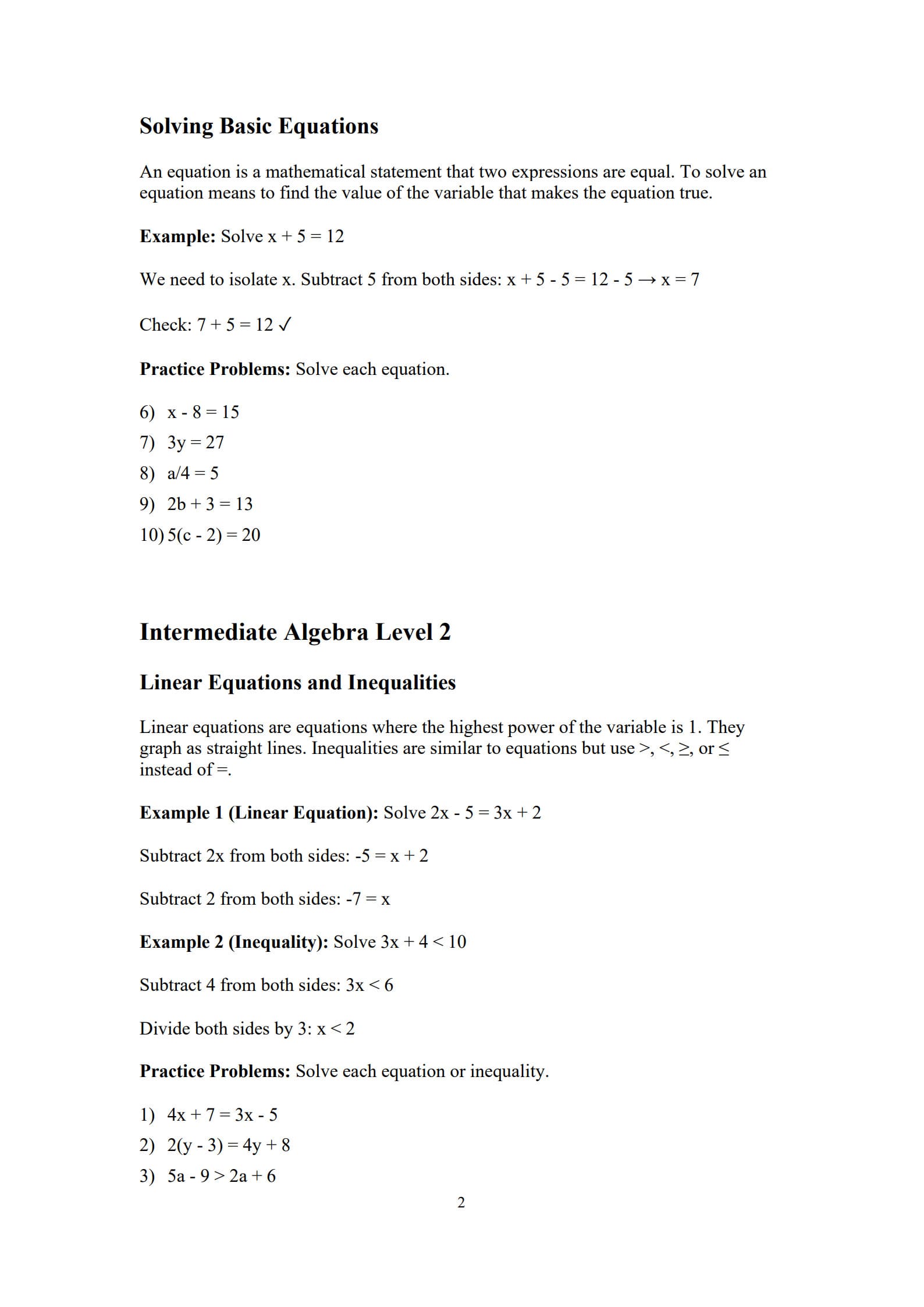 Algebra Worksheets 2