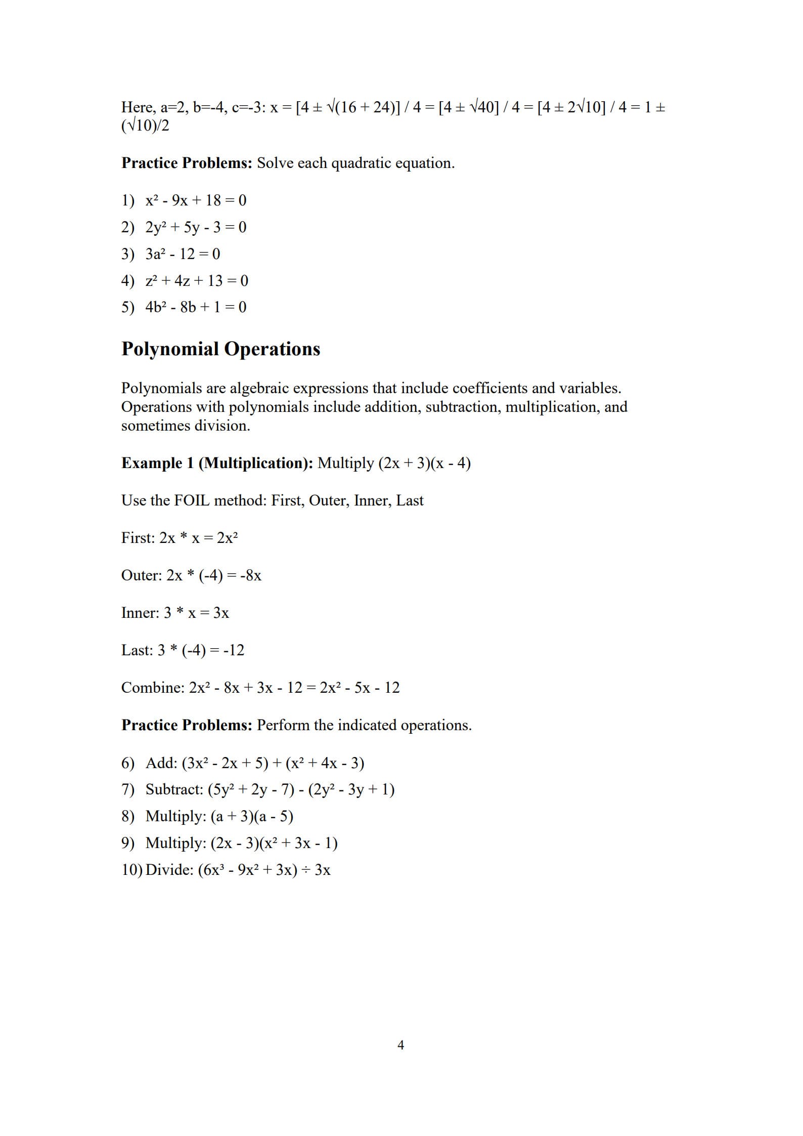 Algebra Worksheets 4