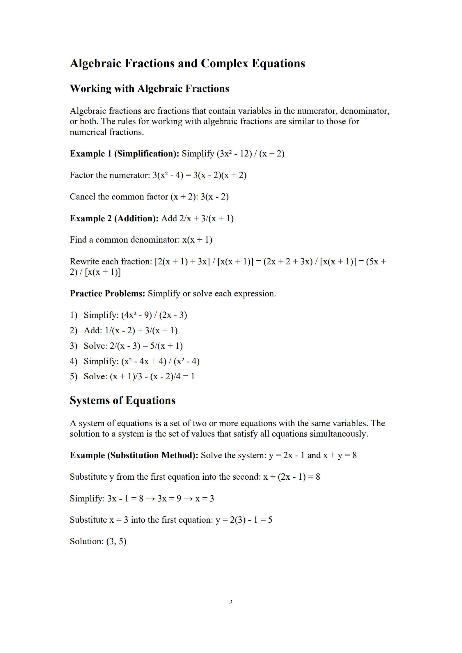 Algebra Worksheets 5