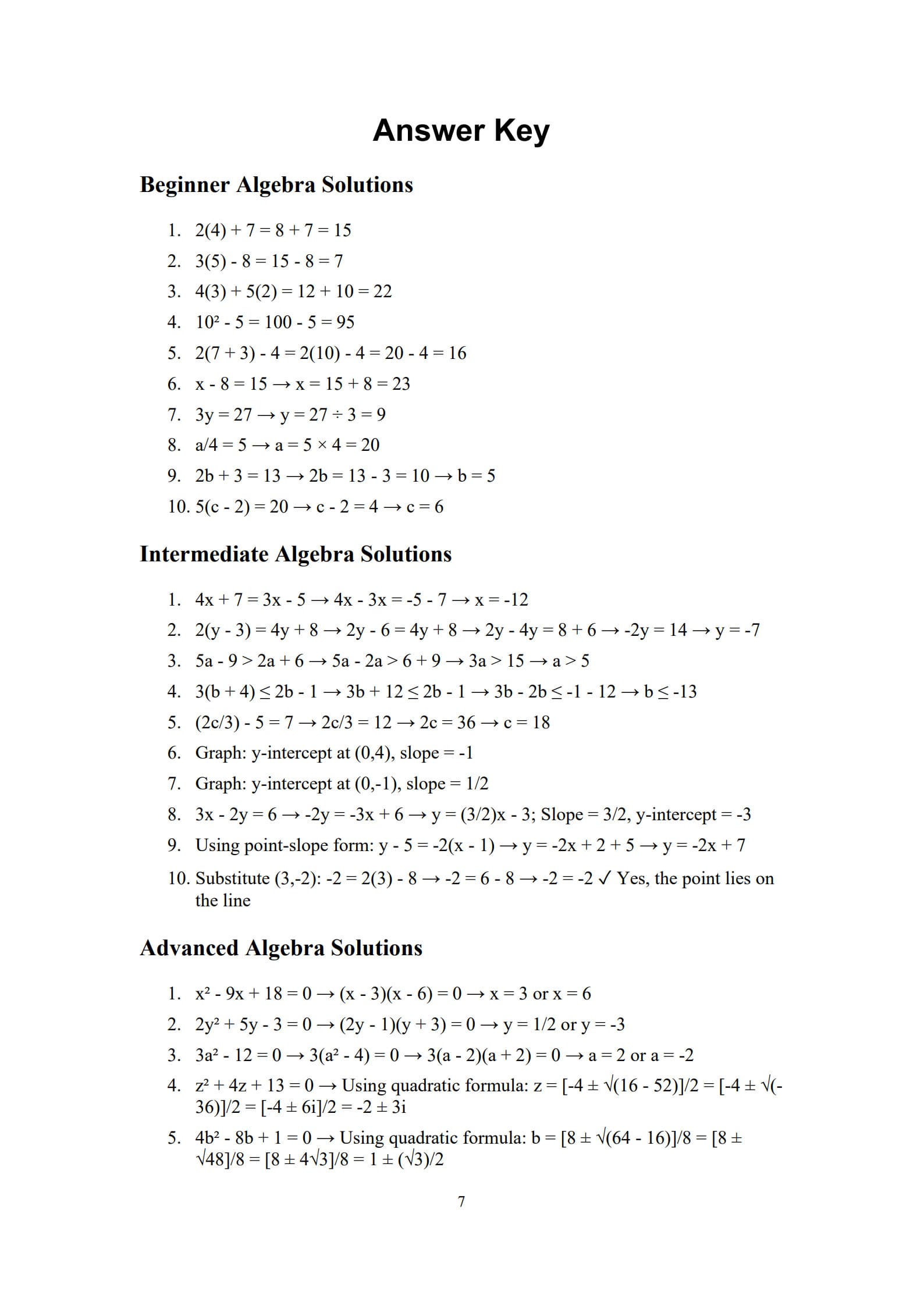 Algebra Worksheets 7