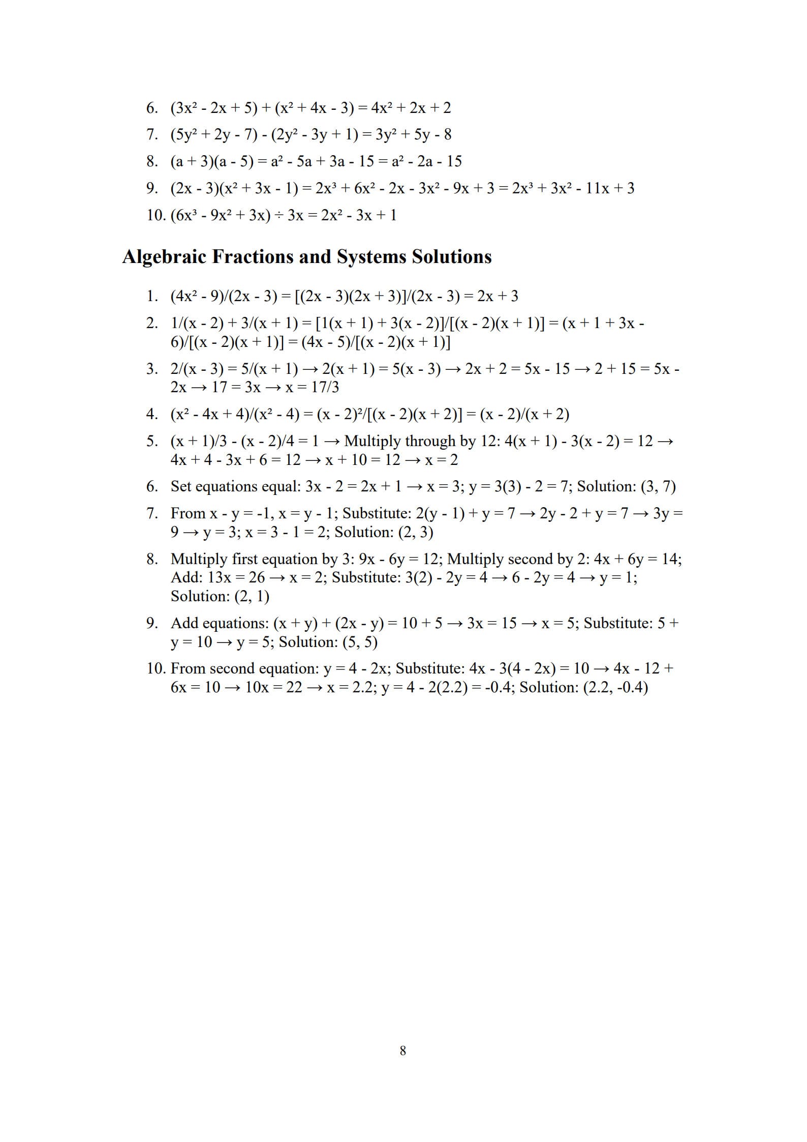 Algebra Worksheets 8