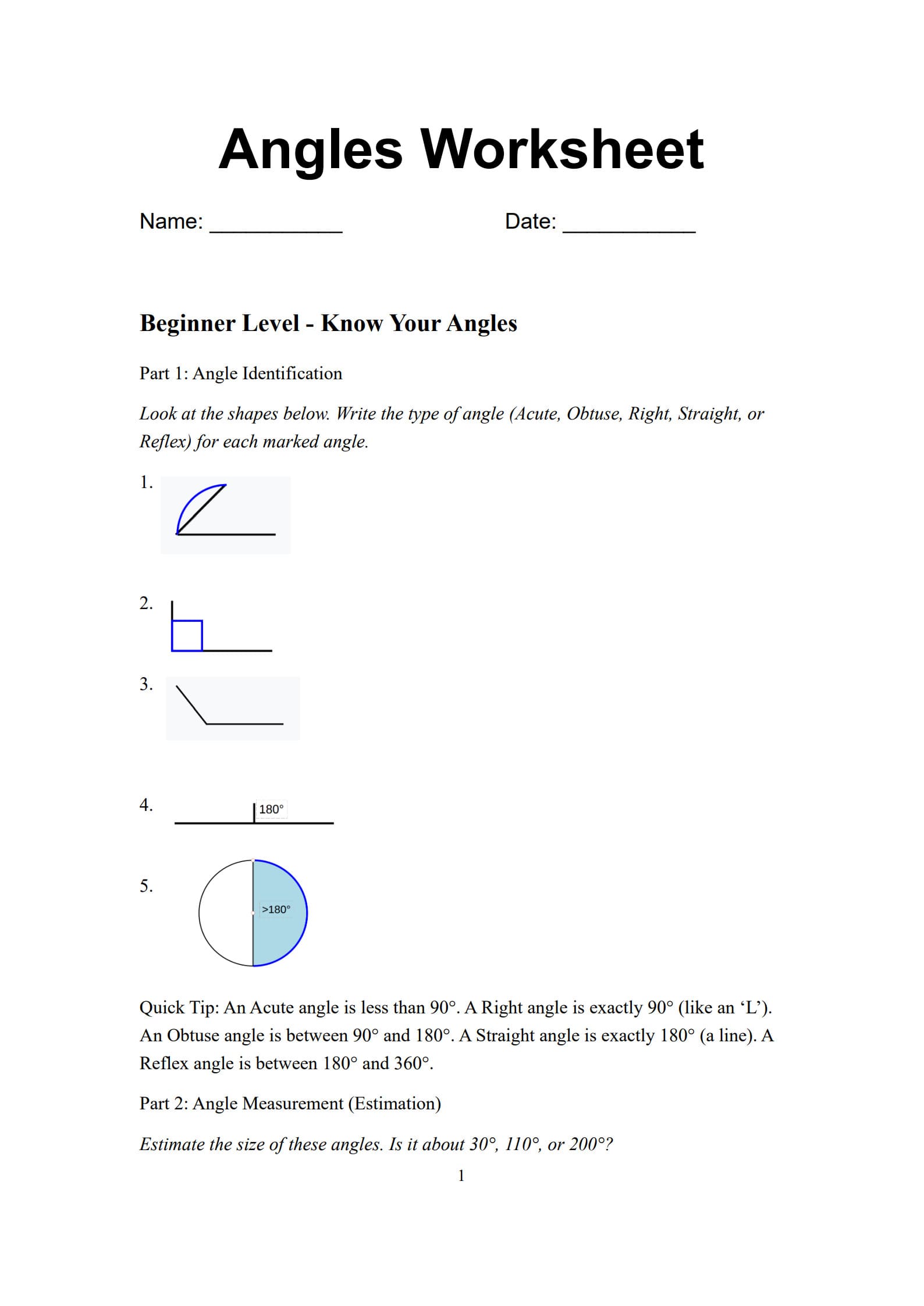 Angles Worksheet 1