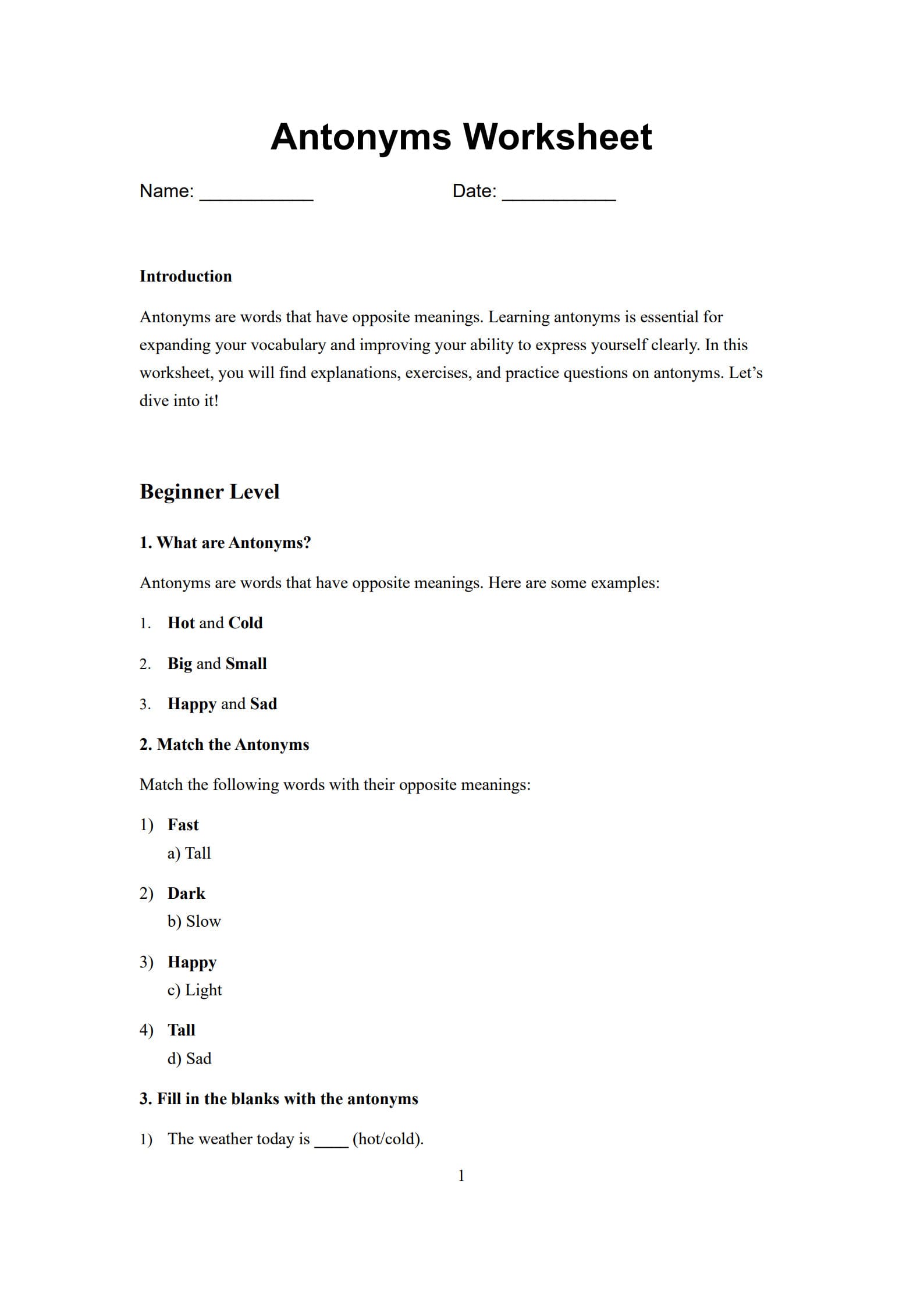 Antonyms Worksheet 1