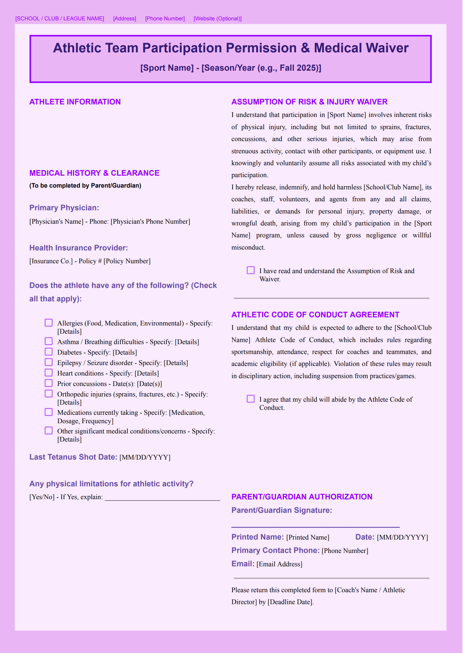 Athletic Participation Permission Slip Template