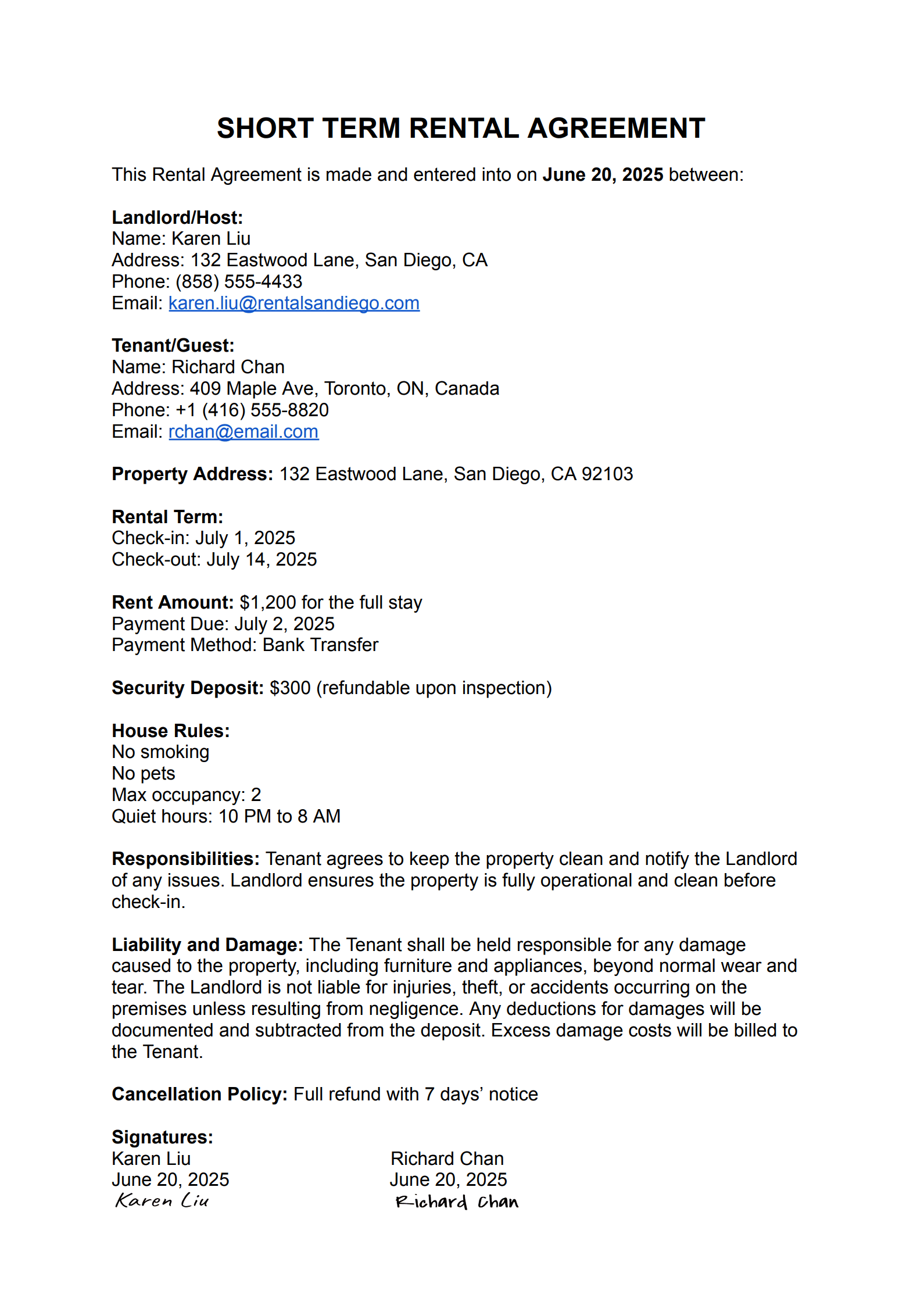 Basic Short Term Rental Agreement Example