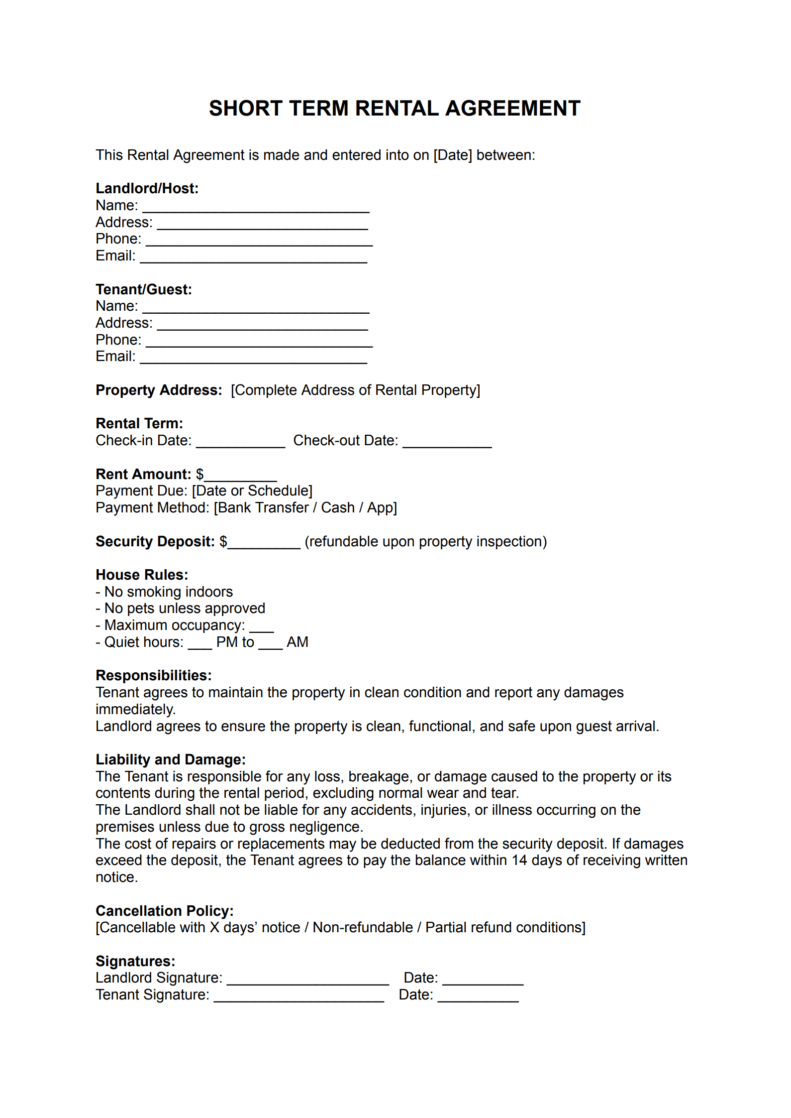 Basic Short Term Rental Agreement Template