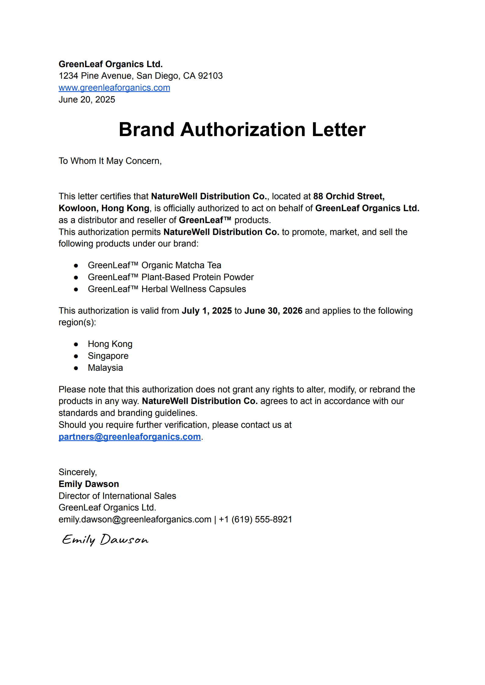 Brand Authorization Letter Example