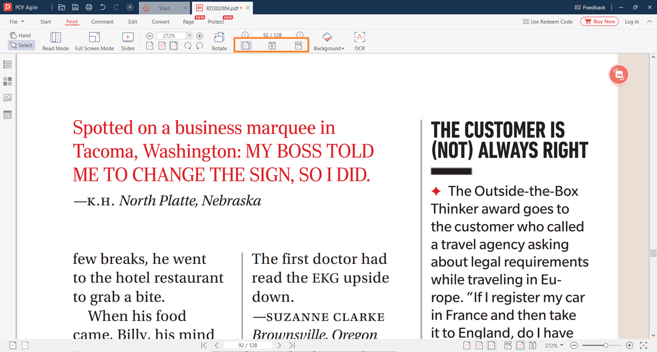By clicking the following buttons under the Read tab option, you can adjust the layout of the document.png