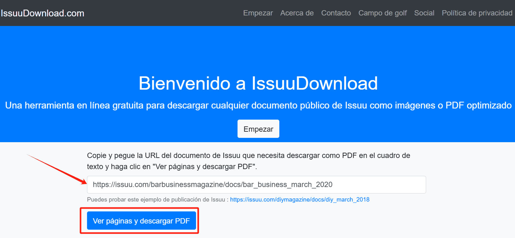 Captura de pantalla del sitio web de Issuu download