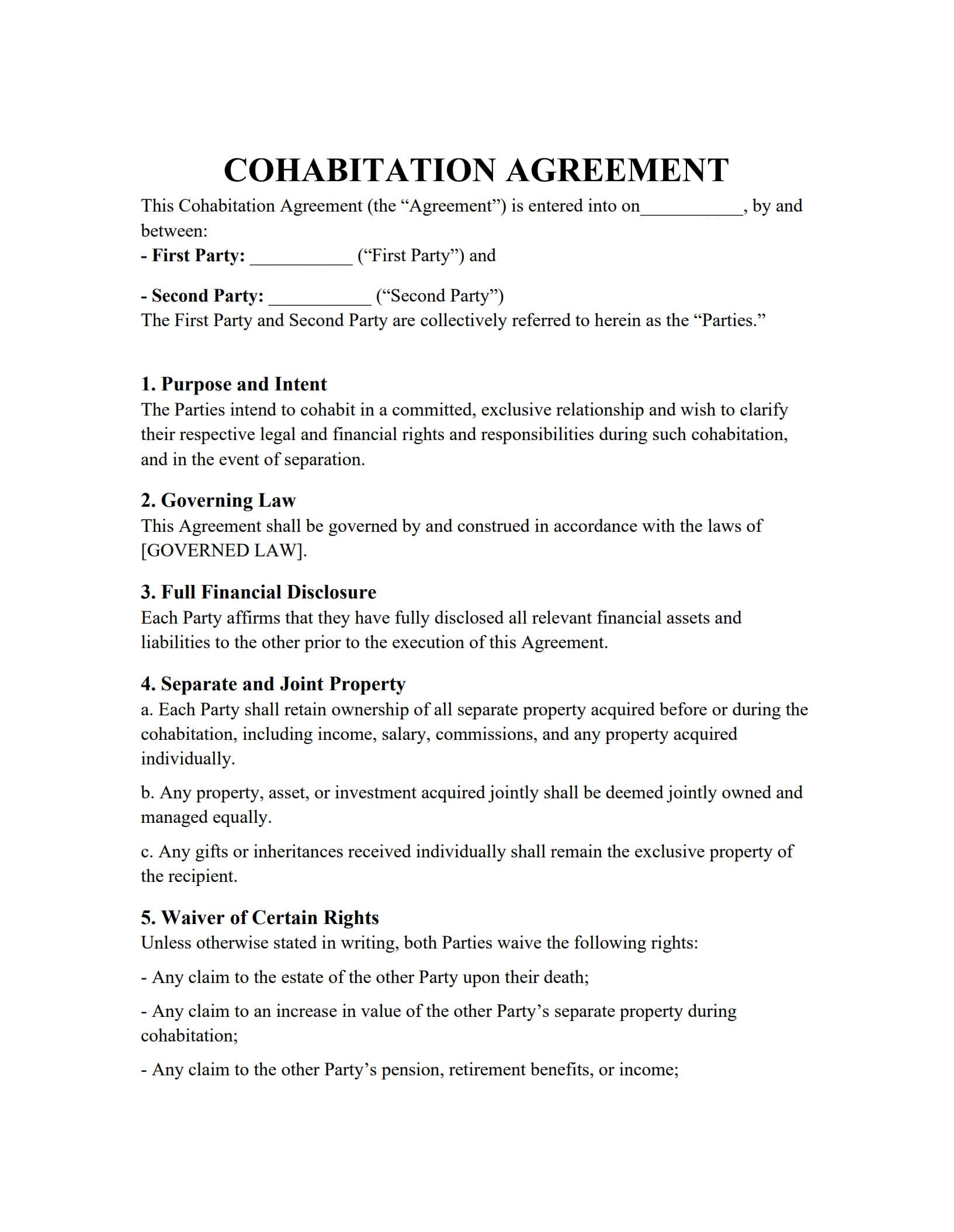 Cohabitation Agreement Template