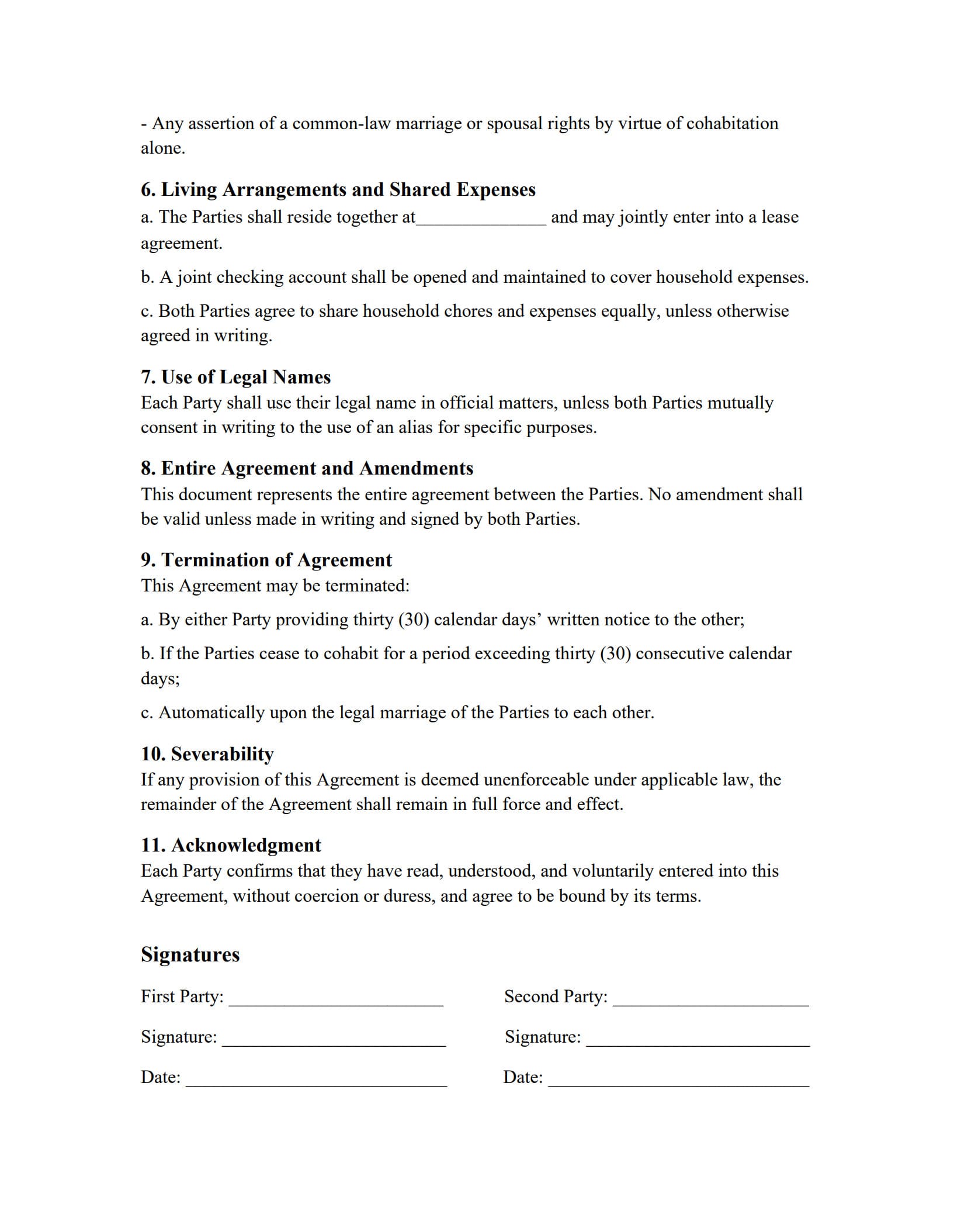 Cohabitation Agreement Template