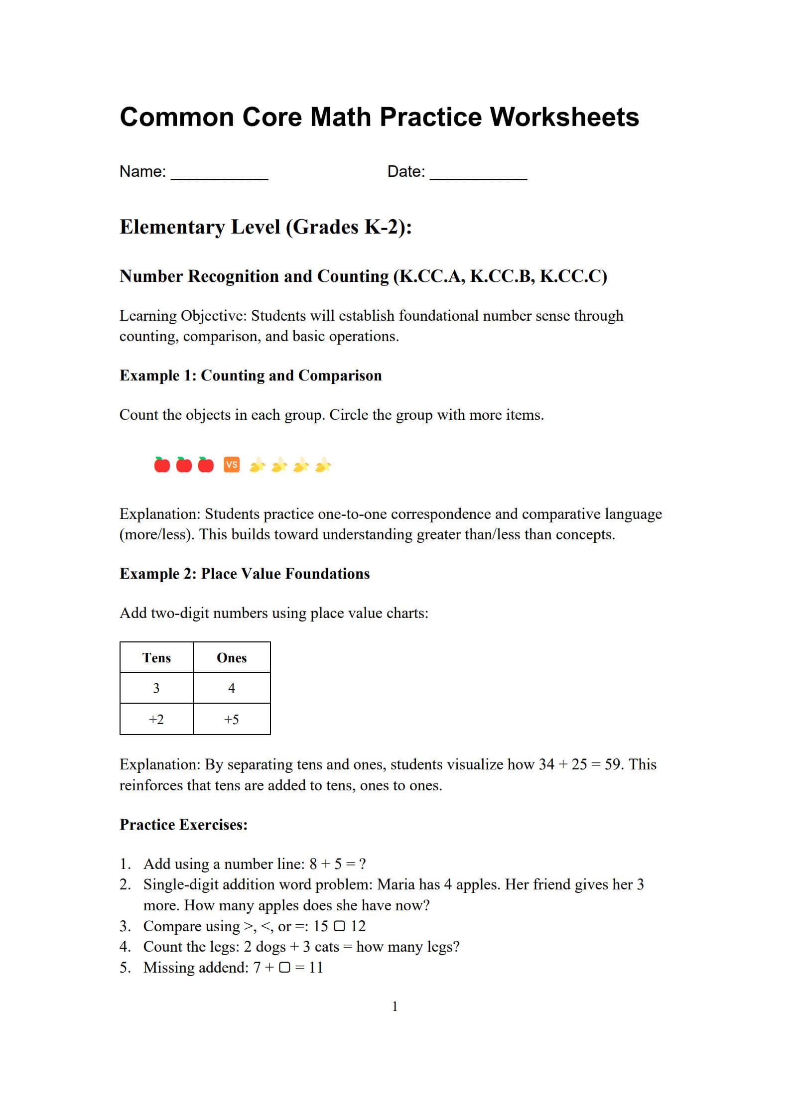 Common Core Math Practice Worksheets 1
