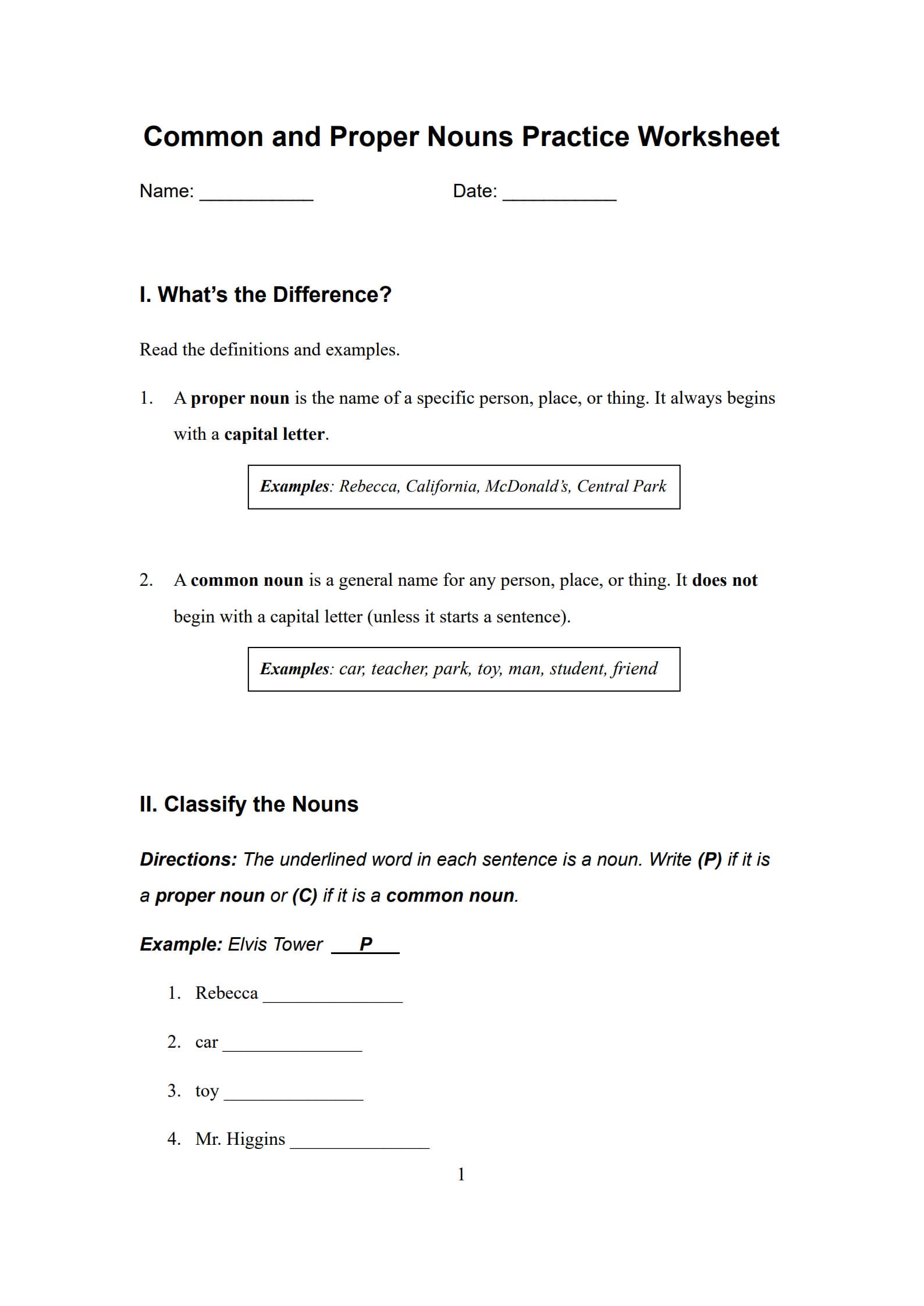 Common and Proper Nouns Worksheet 1