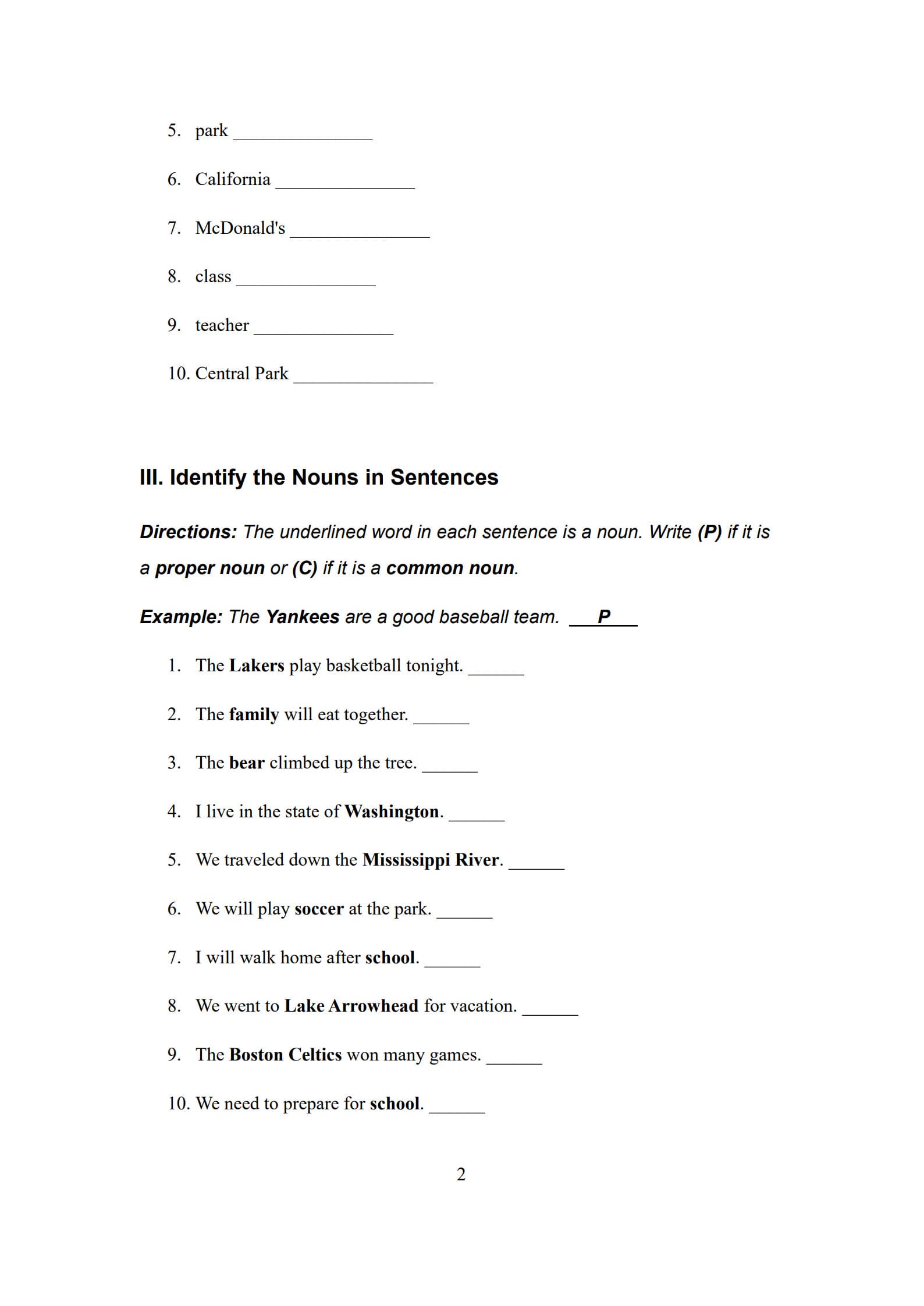 Common and Proper Nouns Worksheet 2