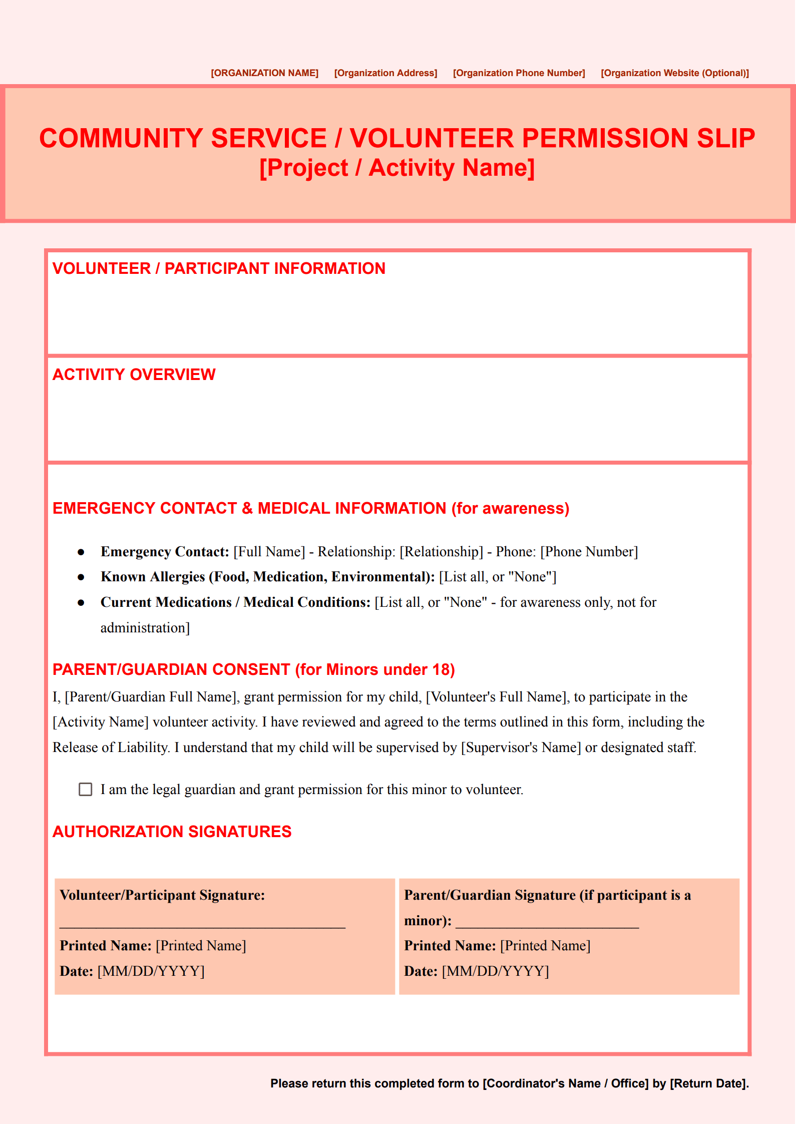 Community Service Permission Slip Template