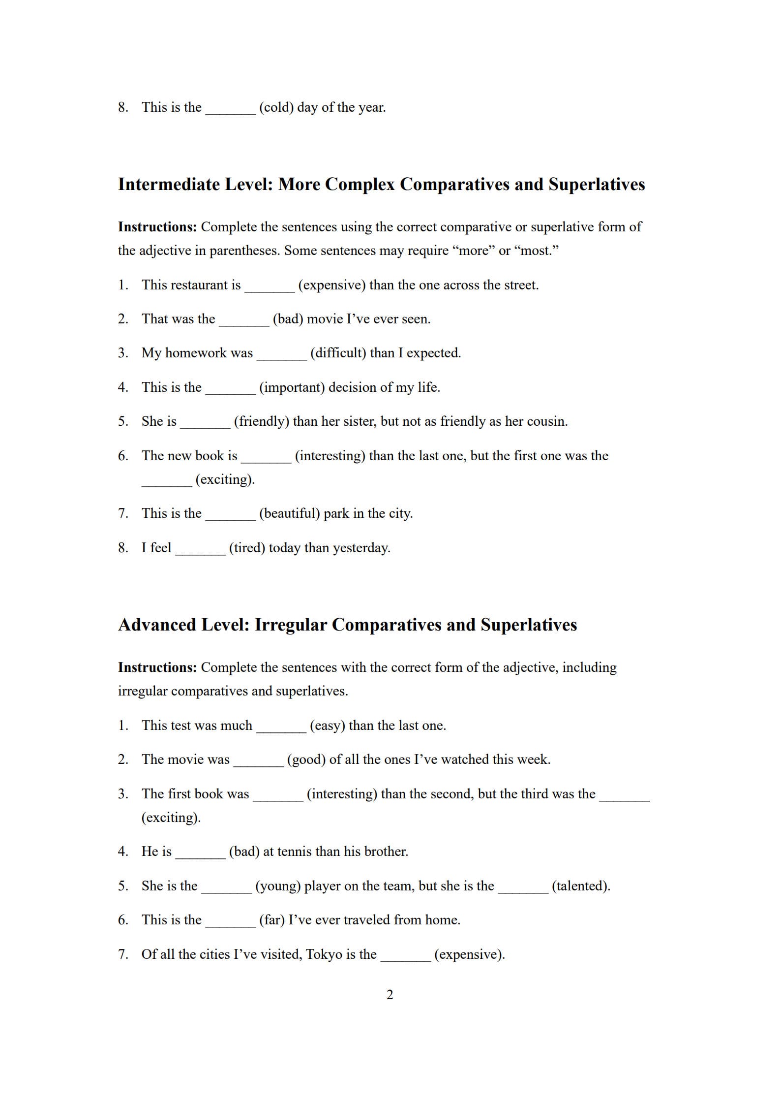 Comparative and Superlative Worksheet 2