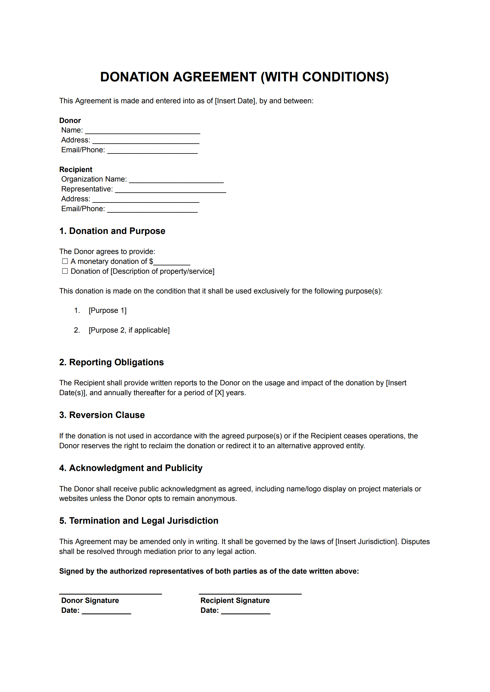 Conditional Donation Contract Template