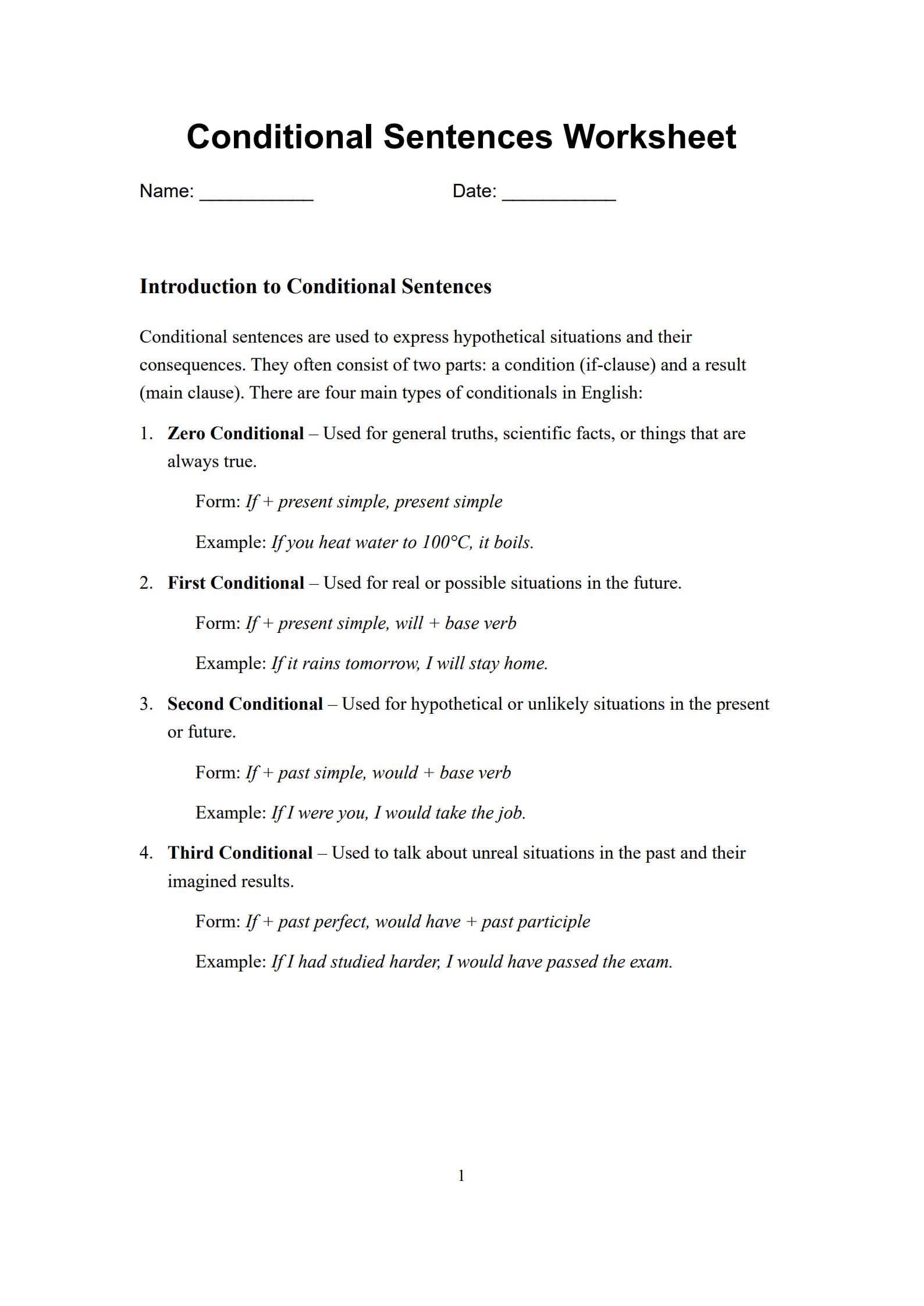 Conditional Sentences Worksheet 1